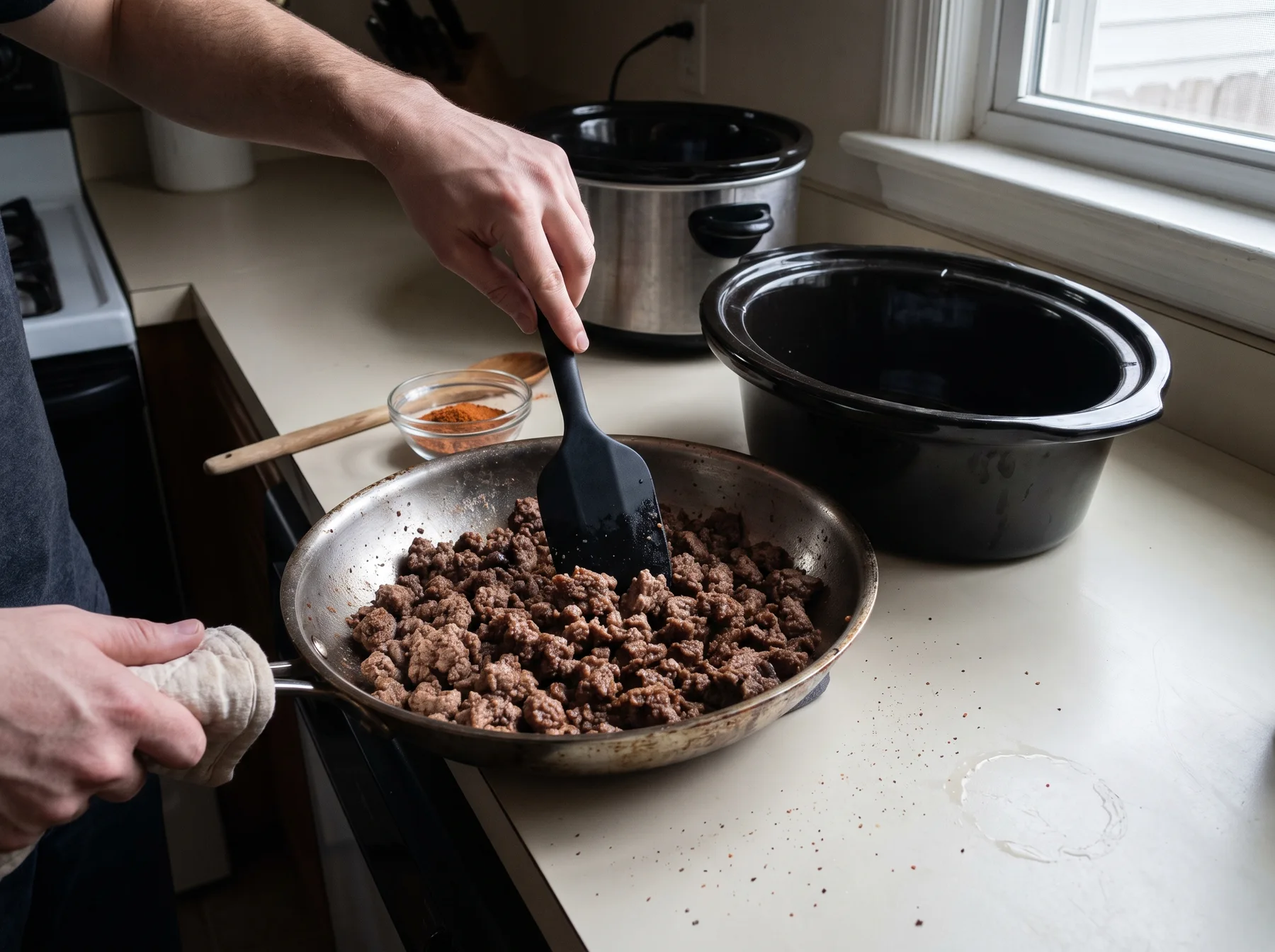 Person stirs browned crumbled turkey in a skillet beside two slow cooker inserts.