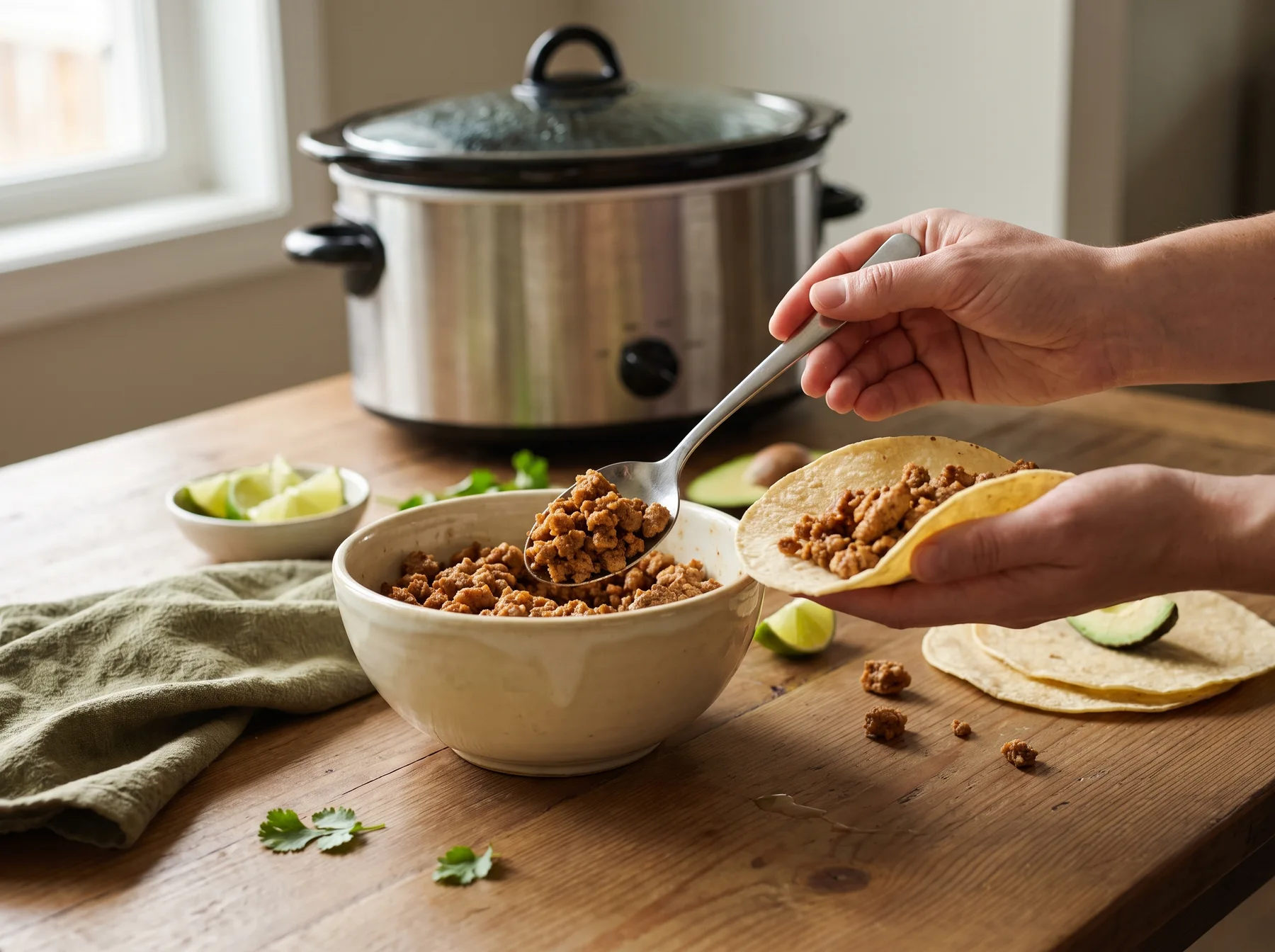 Hands spoon turkey taco meat into a corn tortilla beside a slow cooker and lime.