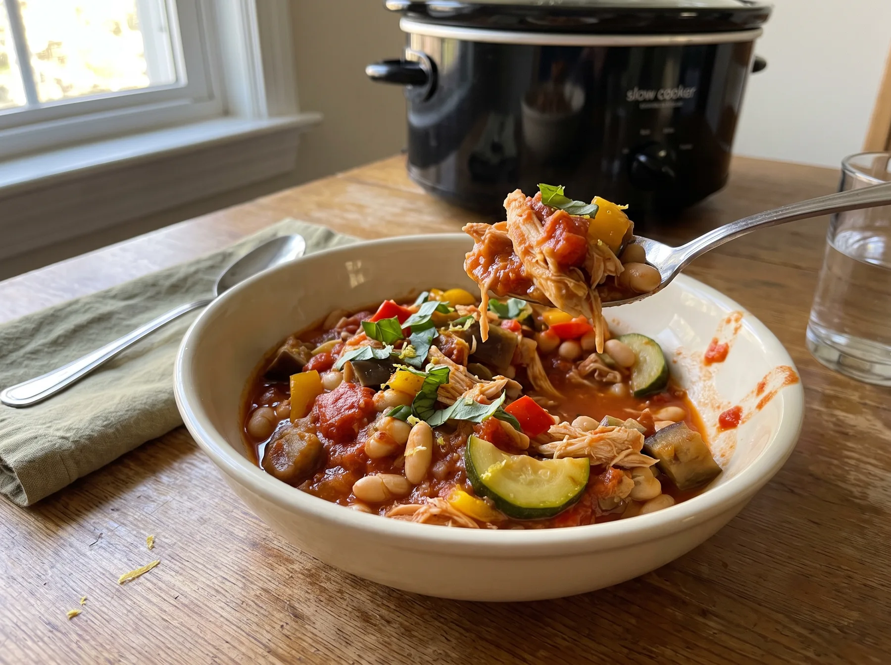 Bowl of chicken ratatouille with white beans, zucchini, peppers, and basil beside a slow cooker.