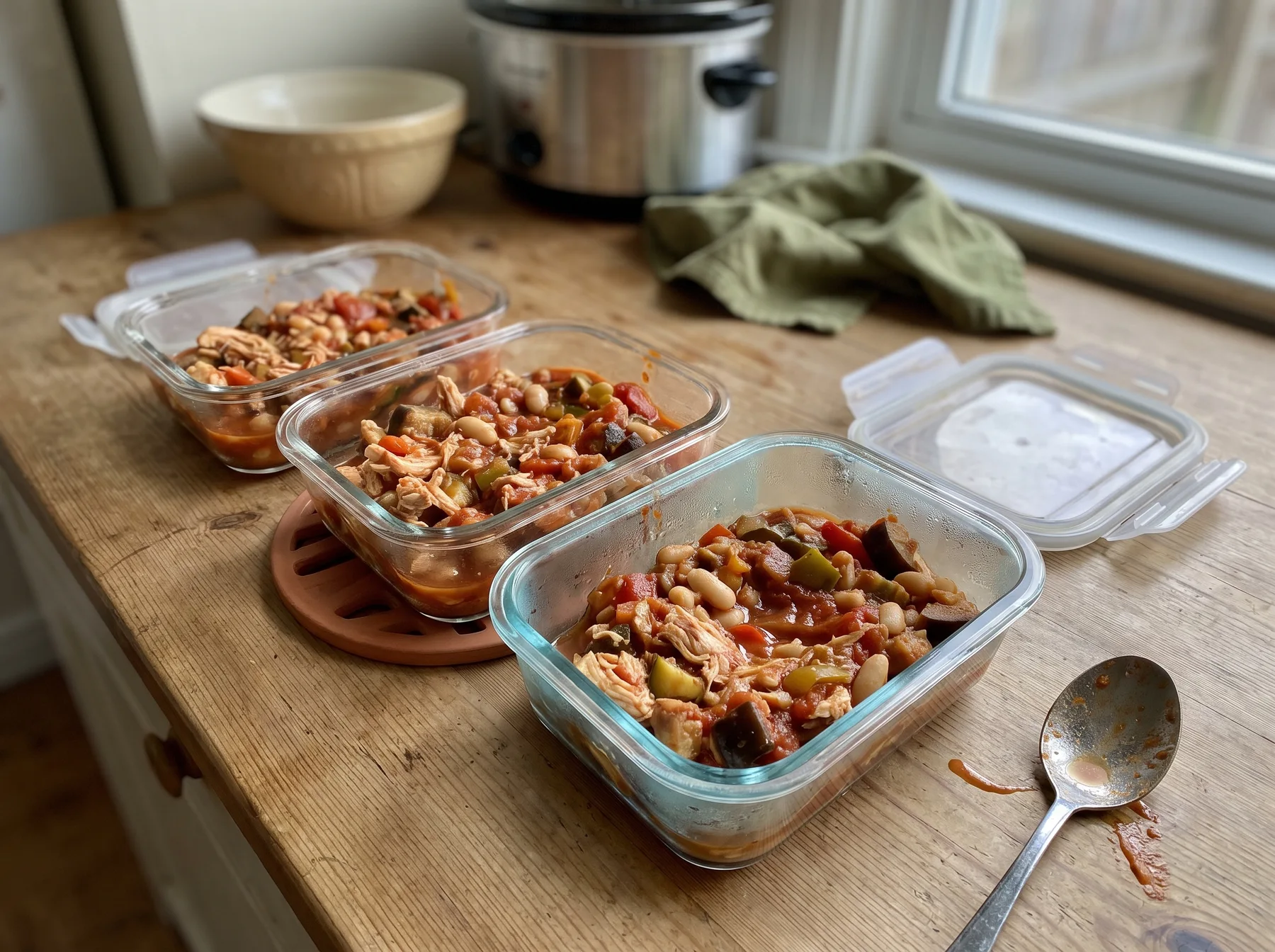 Three glass containers of chicken ratatouille with white beans on a kitchen counter beside storage lids.