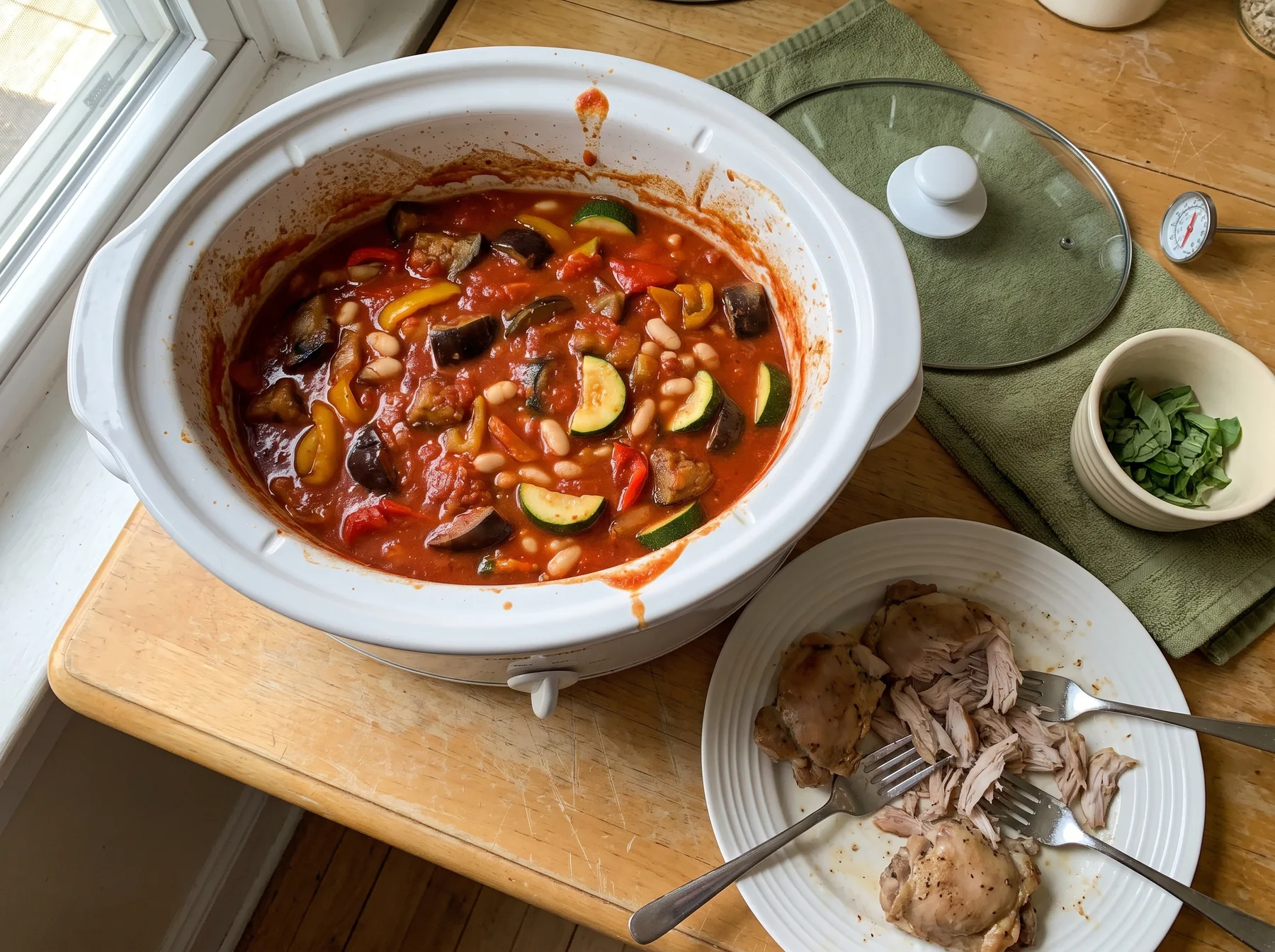 Open slow cooker filled with ratatouille and white beans beside a plate of shredded chicken.