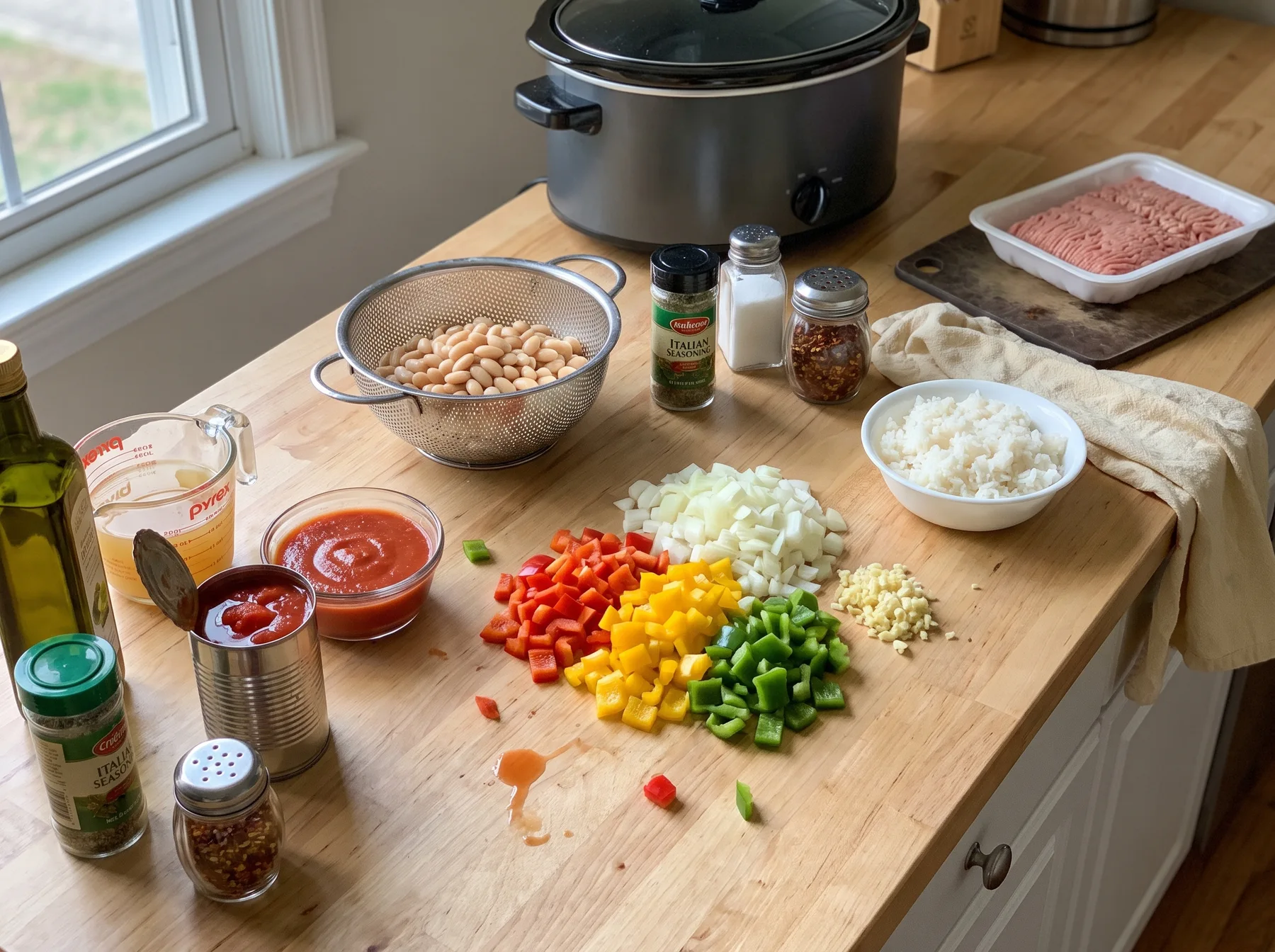 Chopped peppers, onion, rice, beans, ground turkey, tomatoes, and seasonings arranged beside a slow cooker.