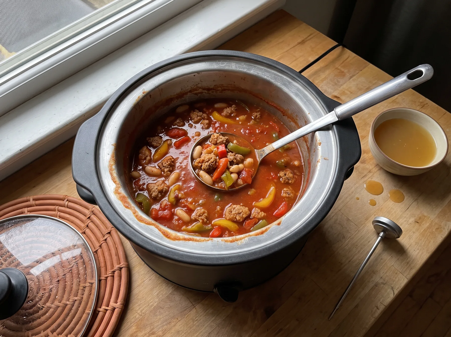 Slow cooker filled with turkey, white bean, pepper, and rice soup, with a ladle on a wooden counter.