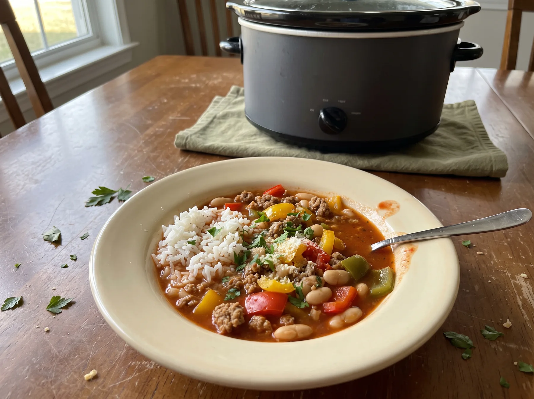 Bowl of ground turkey, white bean, and pepper soup with rice beside a slow cooker.