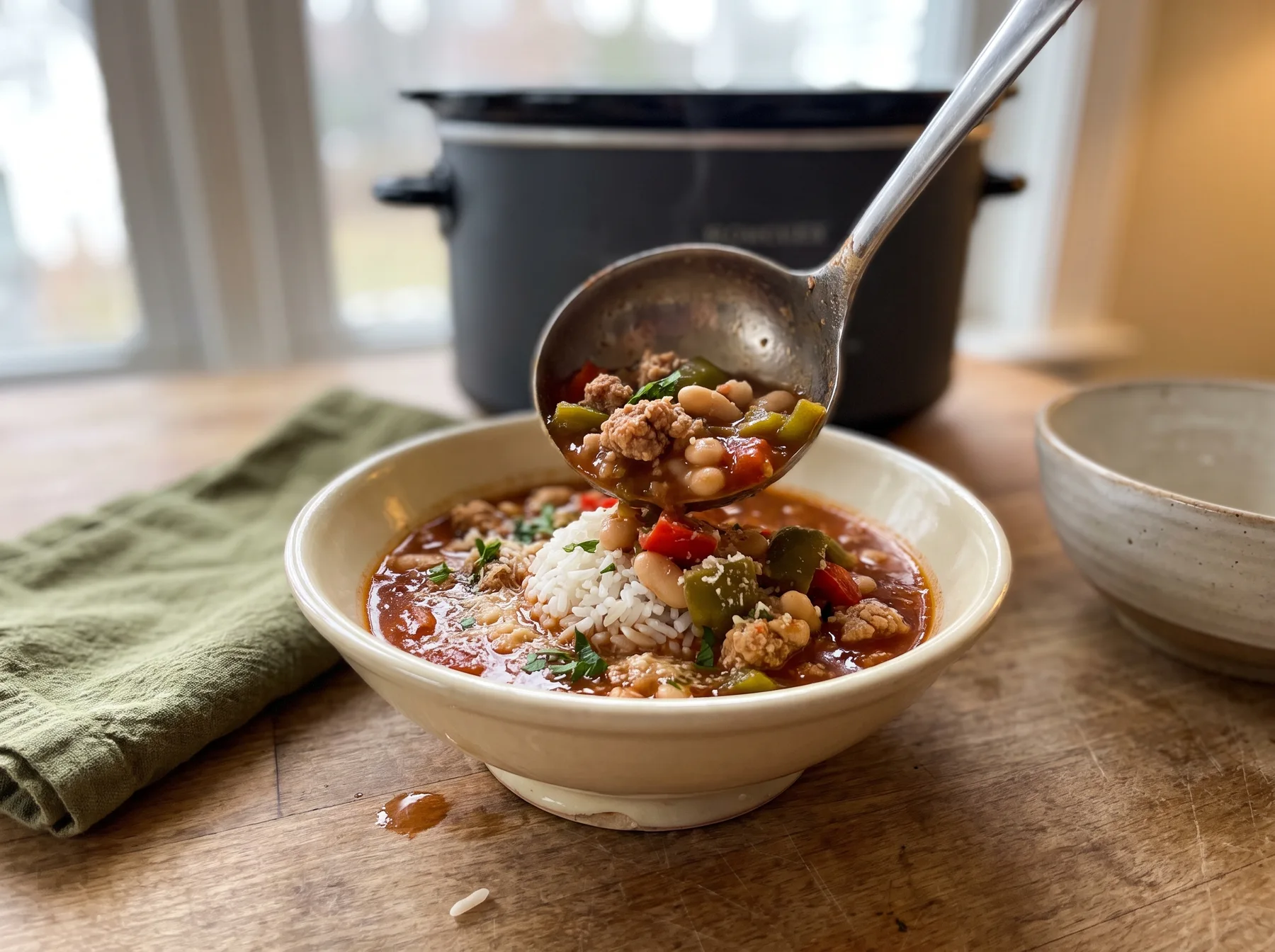 Ladle holds turkey, bean, and pepper soup over rice in a bowl beside a slow cooker.