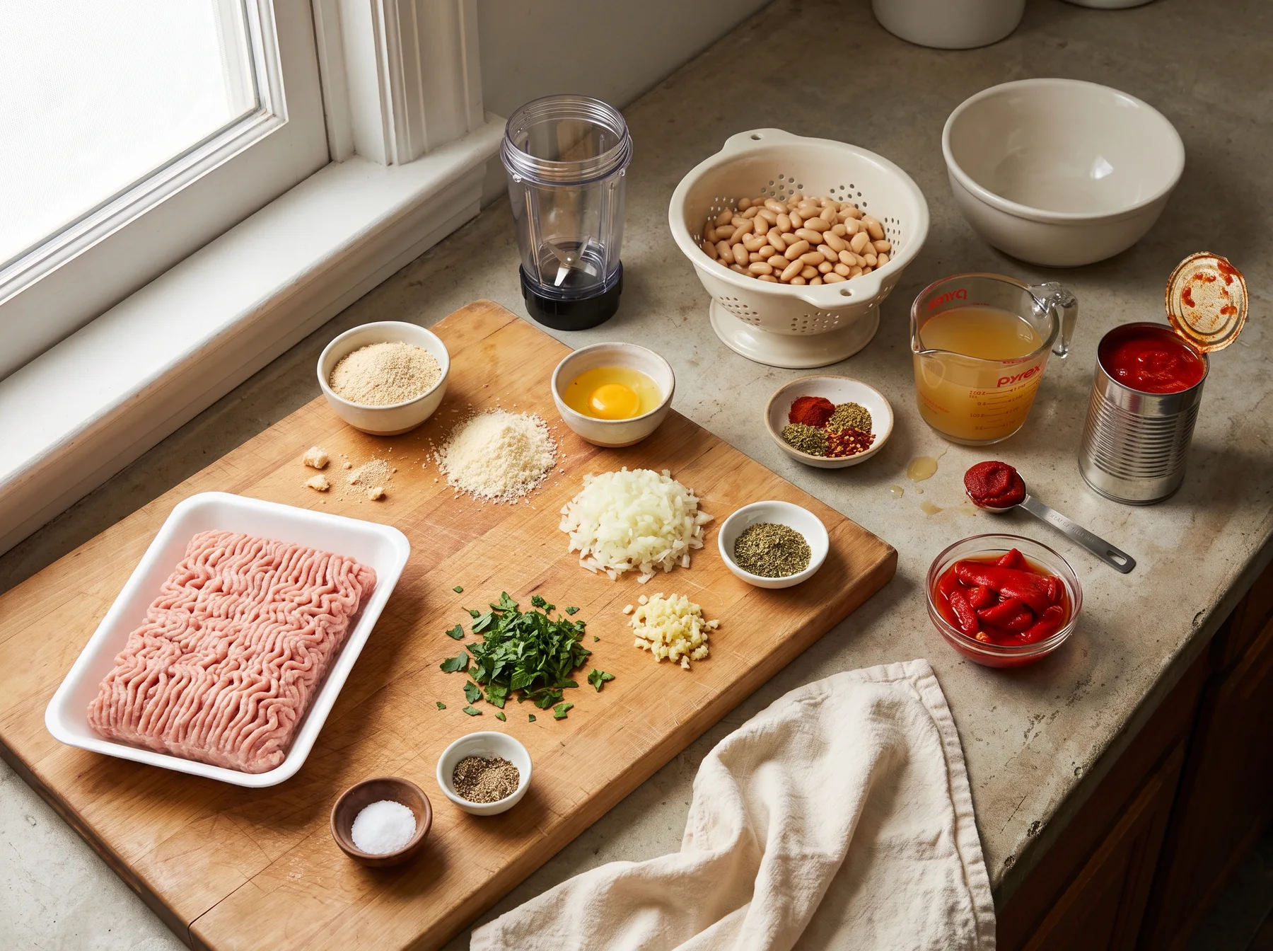 Ground turkey, white beans, red peppers, and seasonings arranged on a kitchen counter.