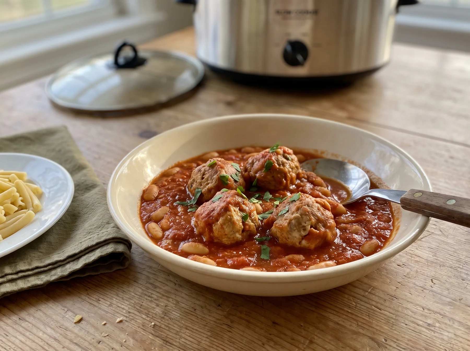 Turkey meatballs and white beans in red pepper tomato sauce, served beside pasta with a slow cooker behind.