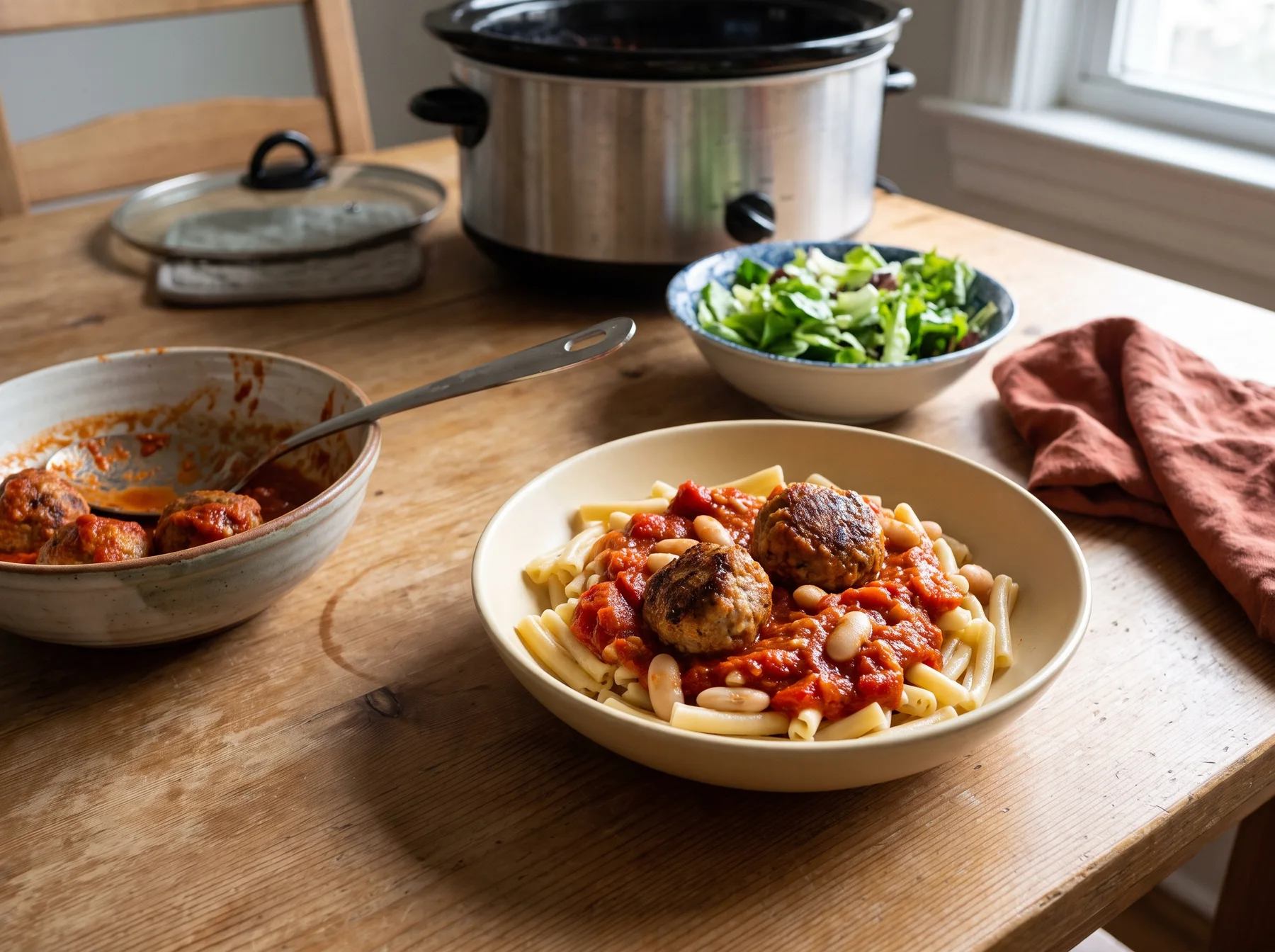 Bowl of meatballs, white beans, red pepper sauce, and short pasta on a wooden table beside slow cooker.