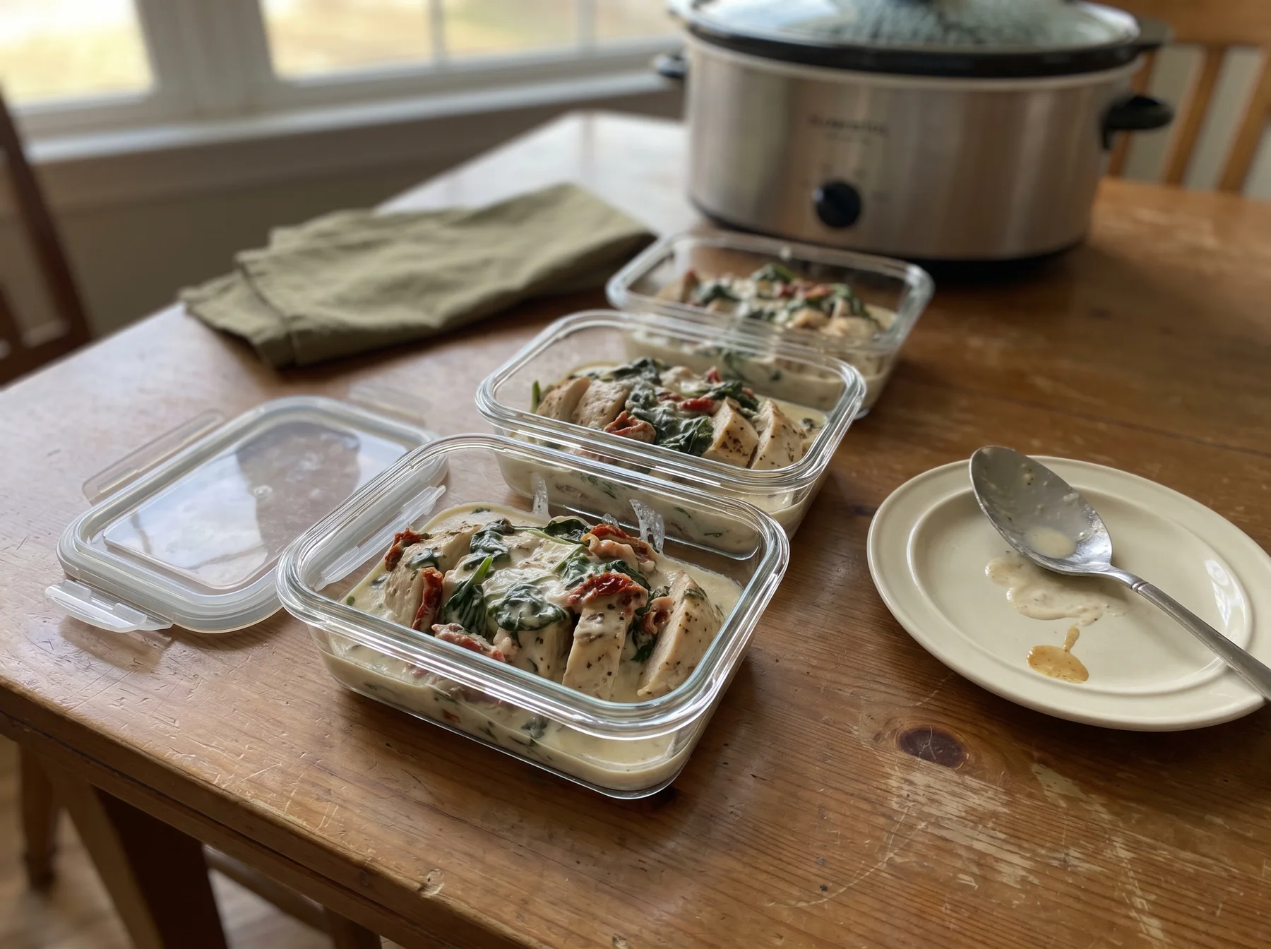 Three glass containers of chicken with creamy spinach sauce on a wooden table beside a slow cooker.