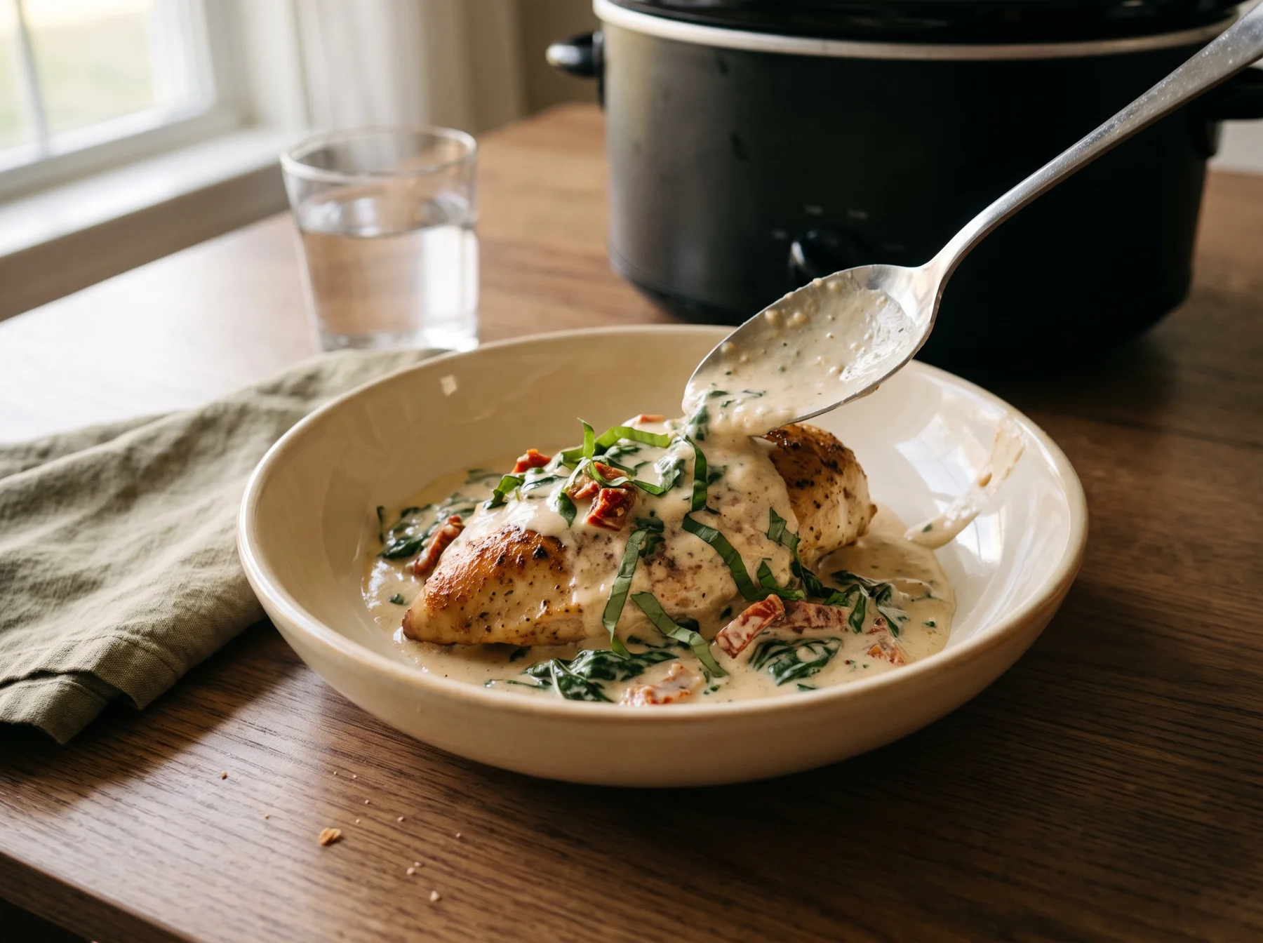 Creamy chicken with spinach and sun-dried tomatoes in a bowl, with slow cooker behind.