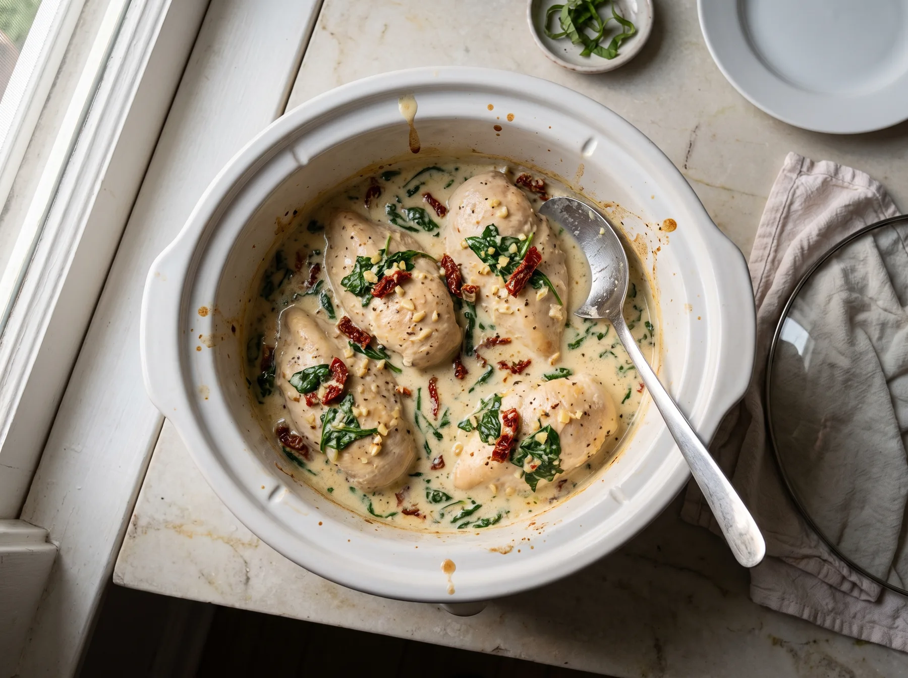Open slow cooker filled with chicken in creamy spinach sauce and sun-dried tomatoes.