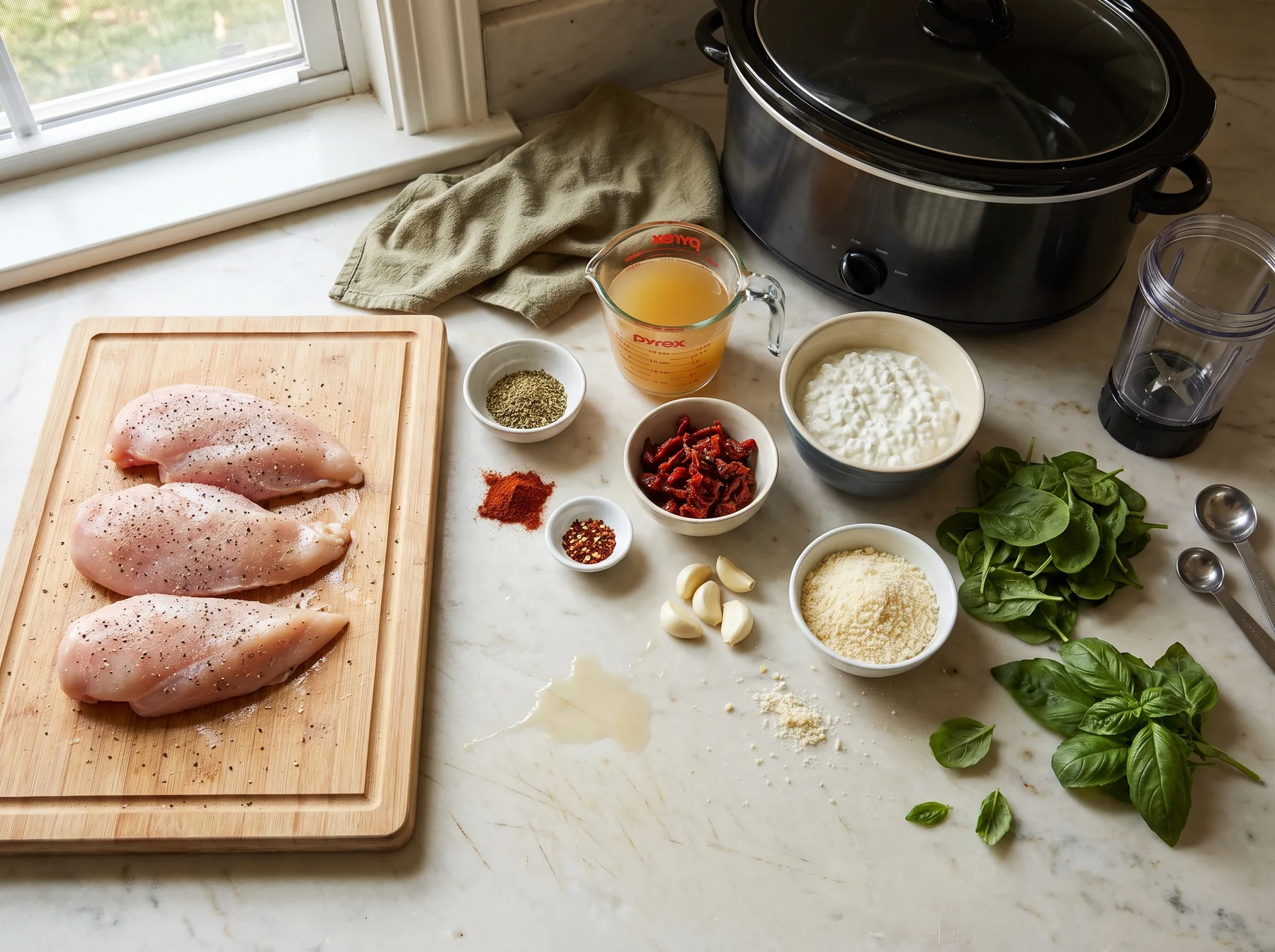 Raw chicken breasts, cottage cheese, spinach, sun-dried tomatoes, seasonings, and broth arranged beside a slow cooker.