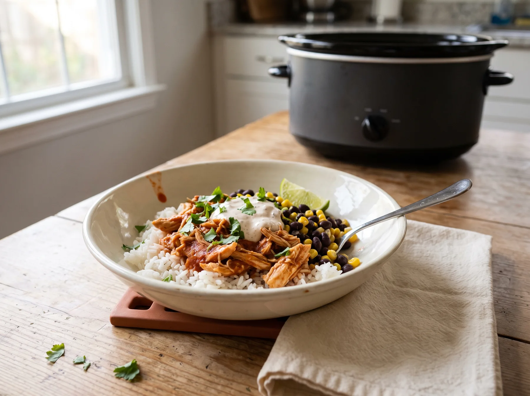 Chicken enchilada rice bowl with black beans, corn, yogurt sauce, cilantro, and lime beside slow cooker