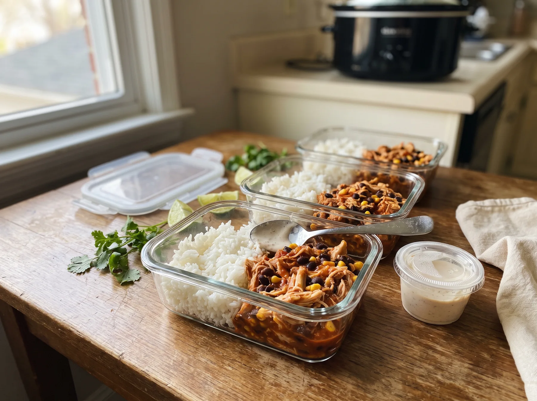 Three glass meal-prep containers filled with rice and shredded chicken, beside lime wedges, cilantro, and a sauce cup.