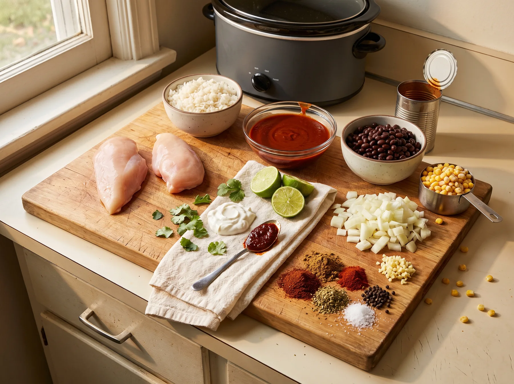 Raw chicken breasts on cutting board with rice, black beans, corn, enchilada sauce, lime, yogurt, and spices.