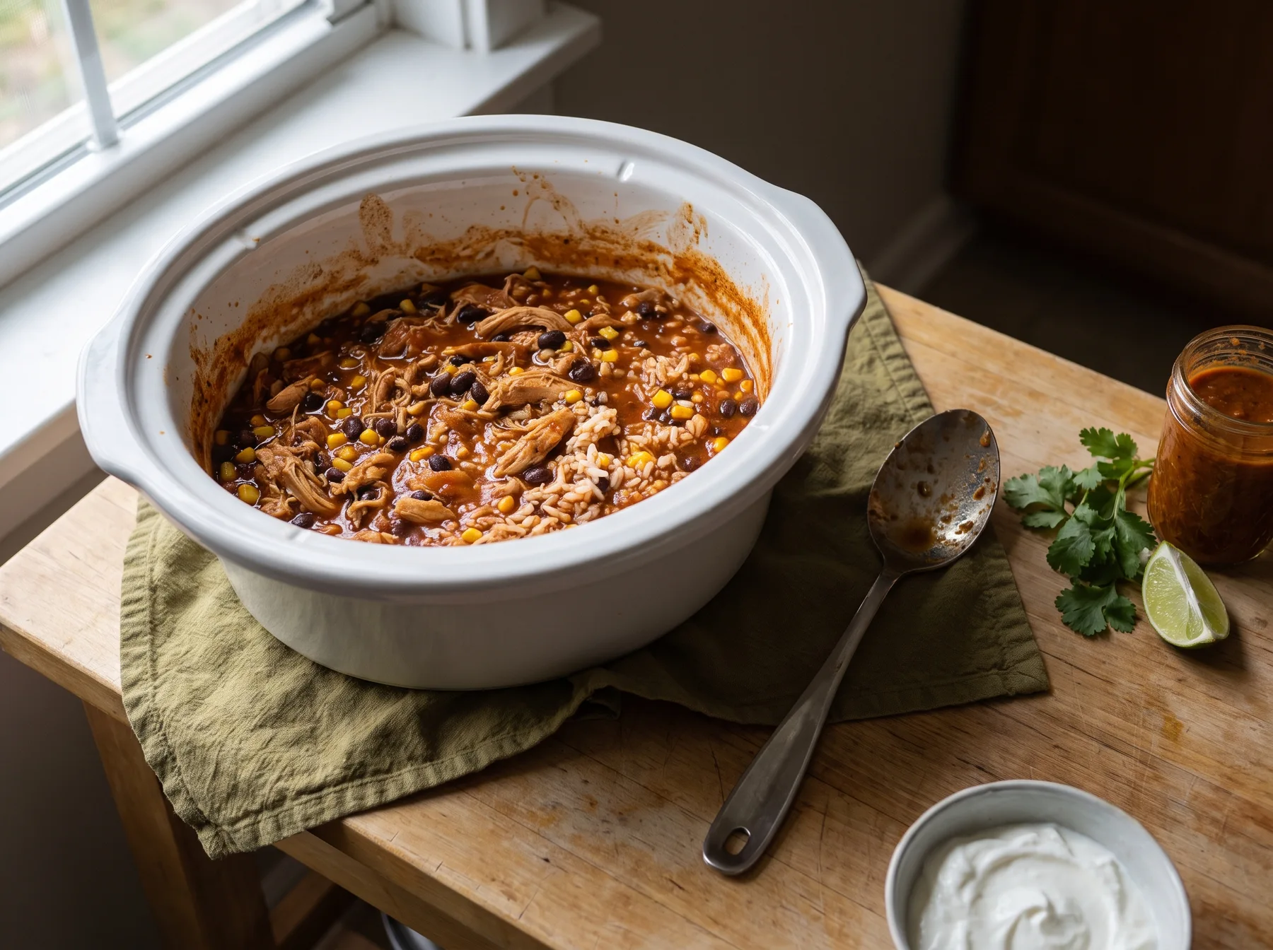Slow cooker filled with shredded chicken, black beans, and corn in red sauce beside cilantro and lime.