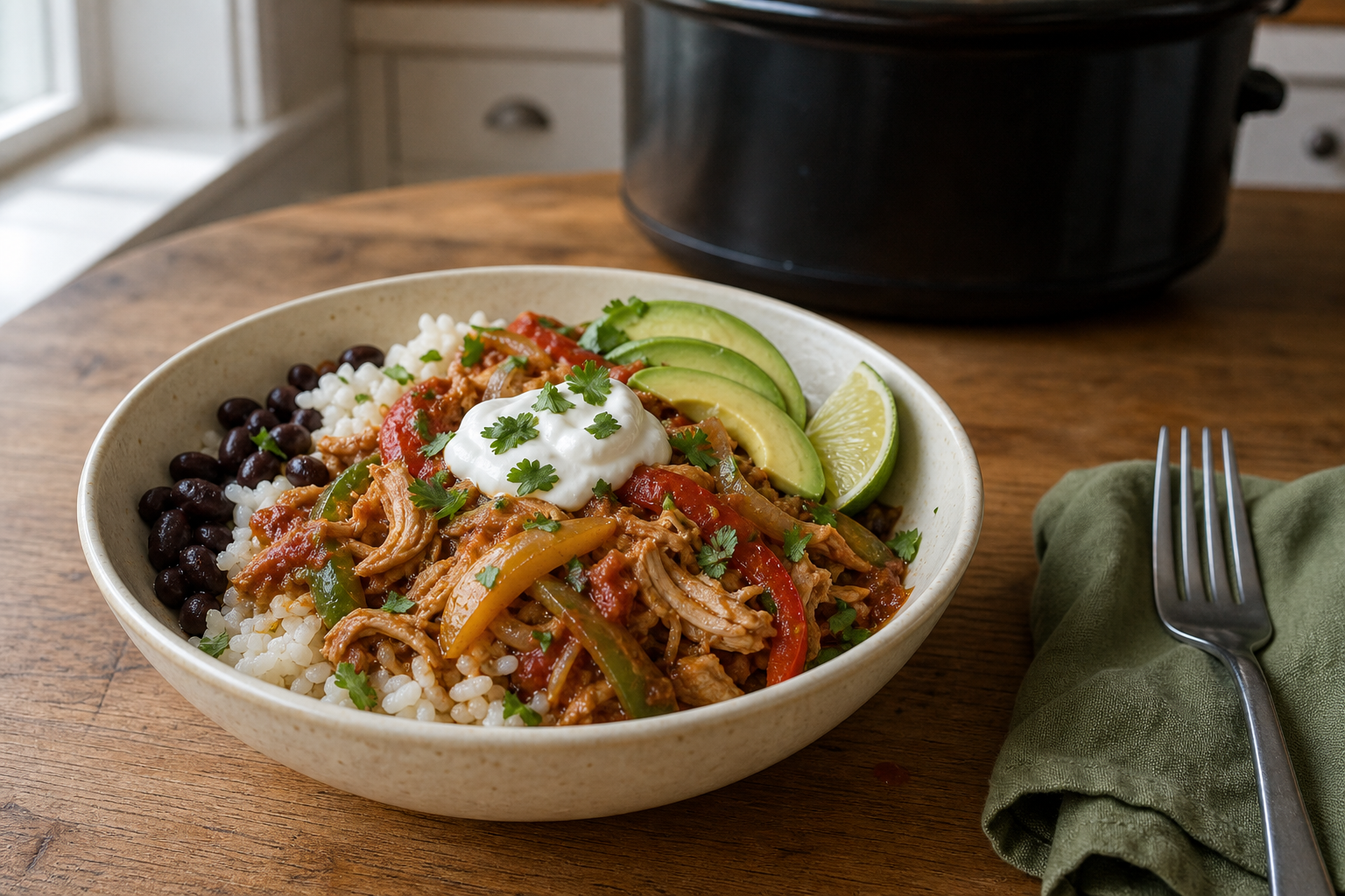 Chicken fajita bowl with rice, black beans, peppers, avocado, yogurt, and lime.