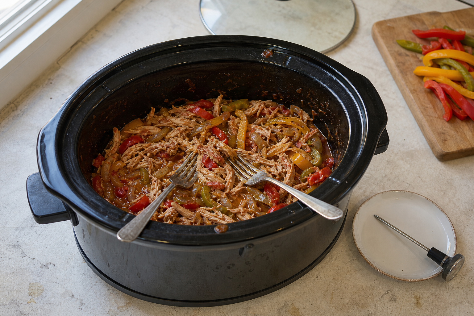 Open slow cooker with shredded chicken, peppers, onions, tomatoes, forks, and a thermometer nearby.