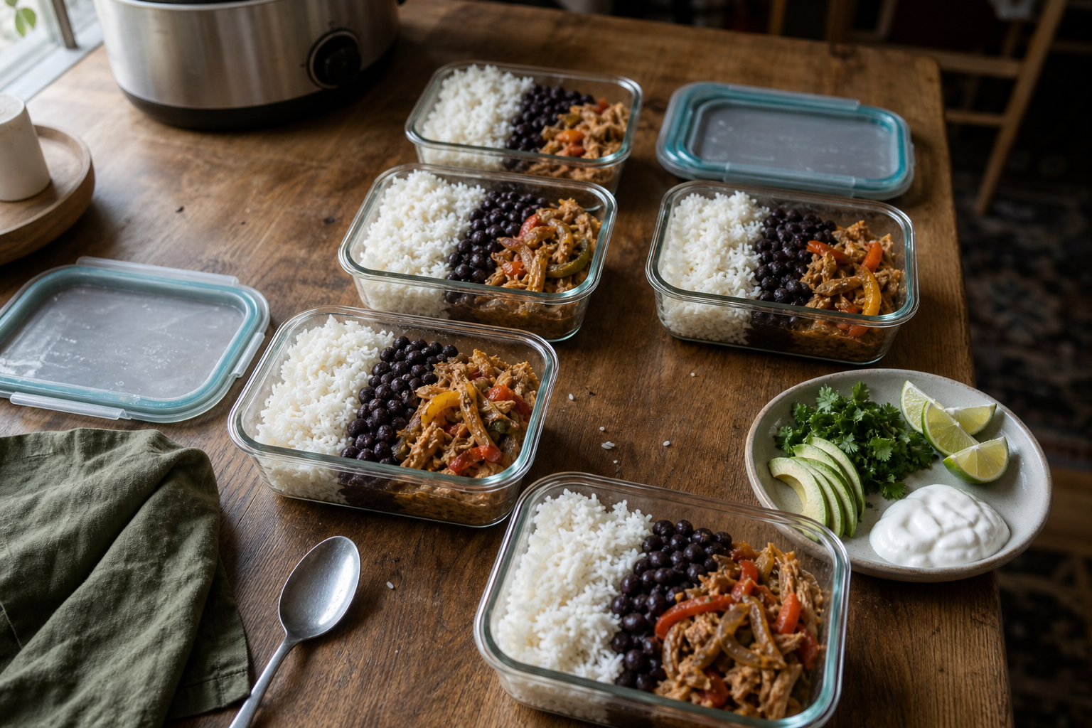 Six glass containers of chicken fajita bowls with separate avocado, lime, cilantro, and yogurt.