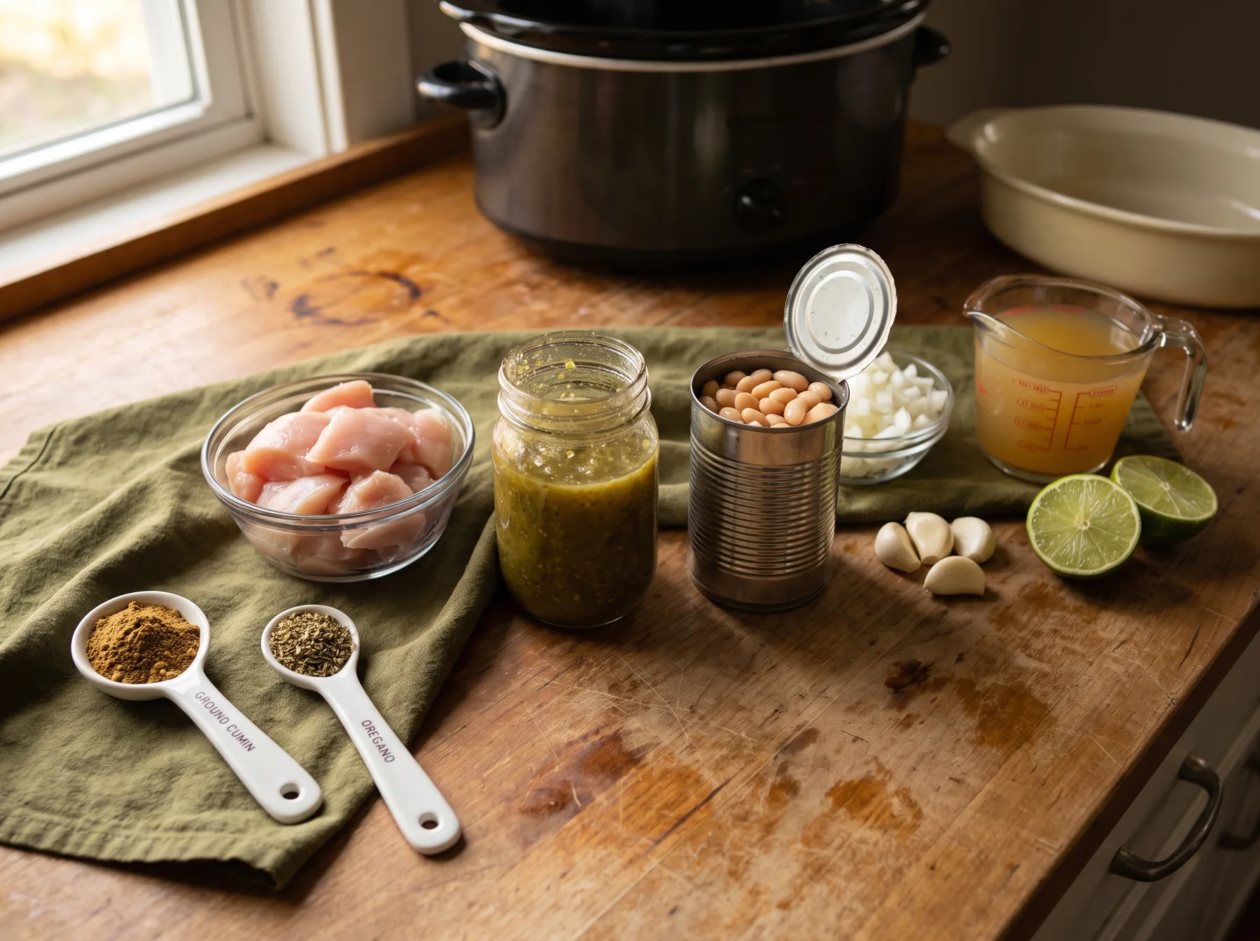 Chicken, salsa verde, white beans, broth, garlic, lime, onion and spices arranged beside a slow cooker.