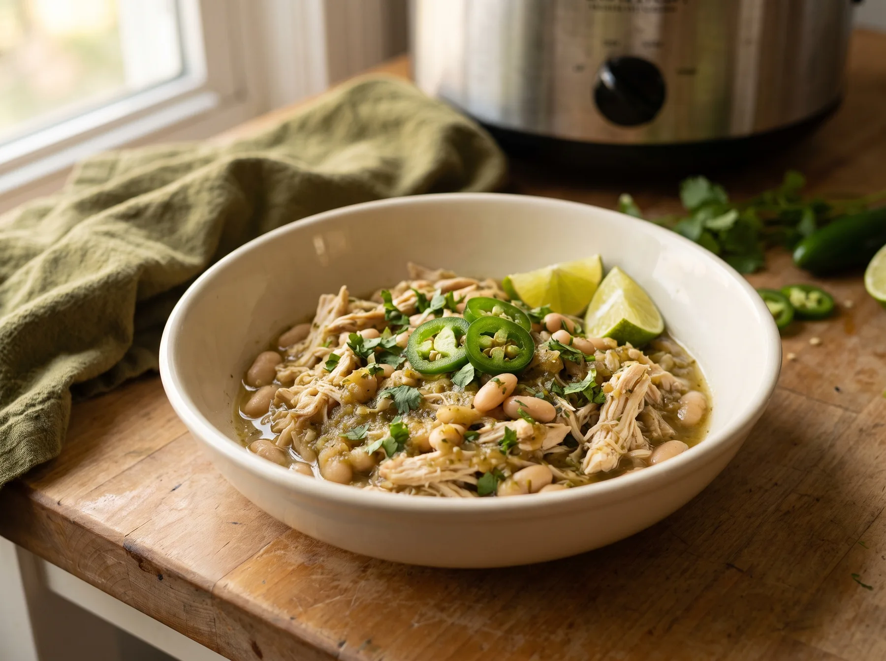 Bowl of shredded chicken and white beans topped with jalapenos and lime beside a slow cooker