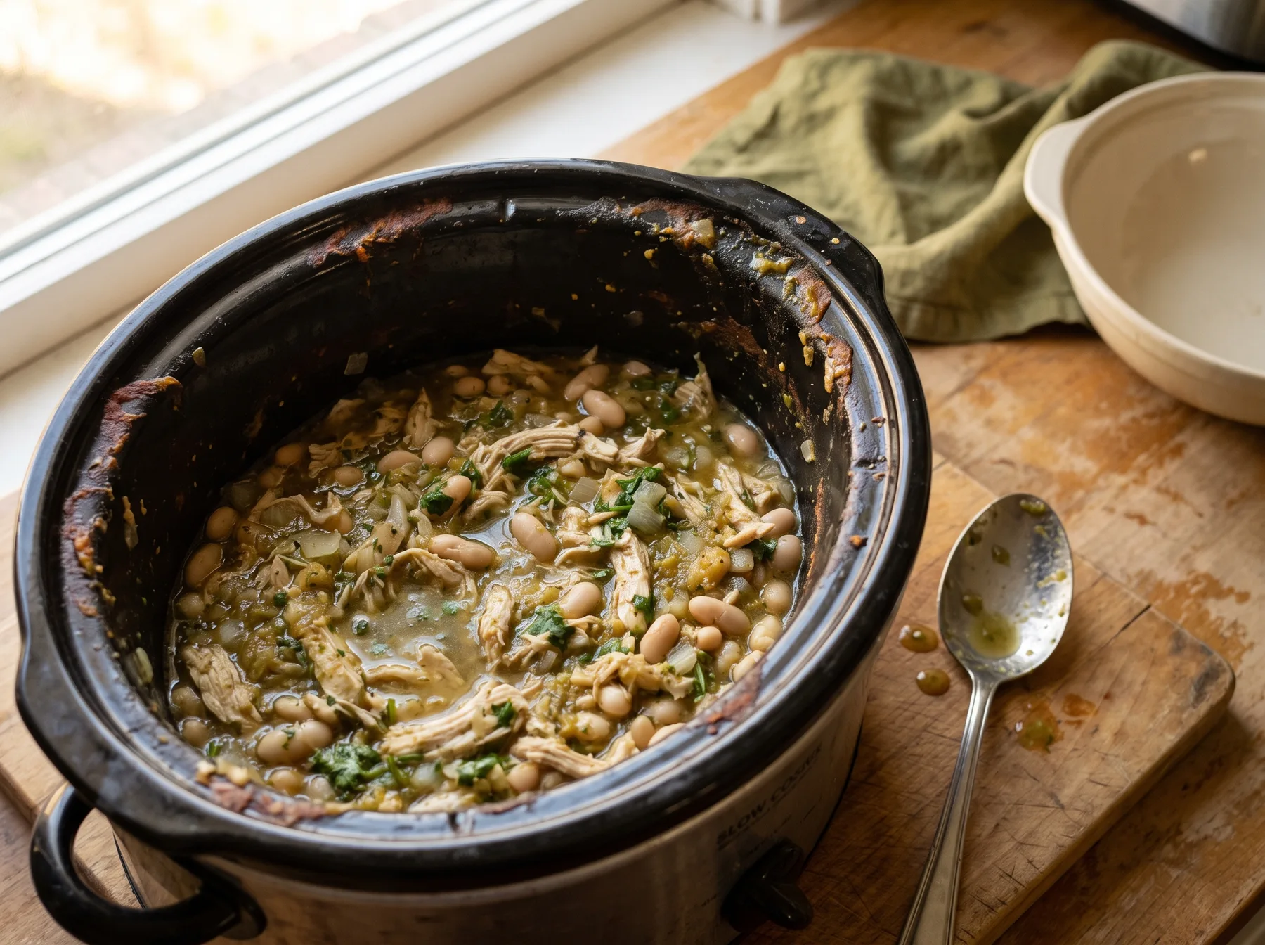 Open slow cooker filled with shredded chicken, white beans, and green salsa verde sauce.