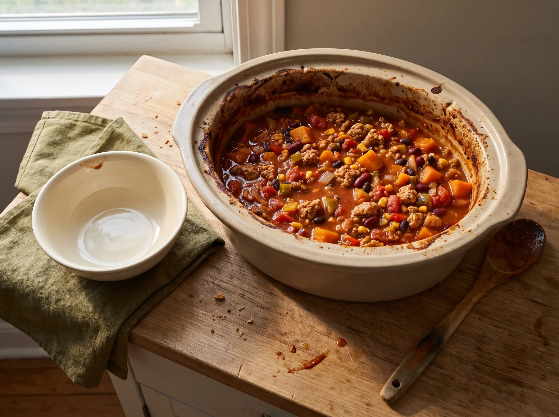 Open slow cooker filled with bean chili and orange pumpkin cubes on a wooden table.