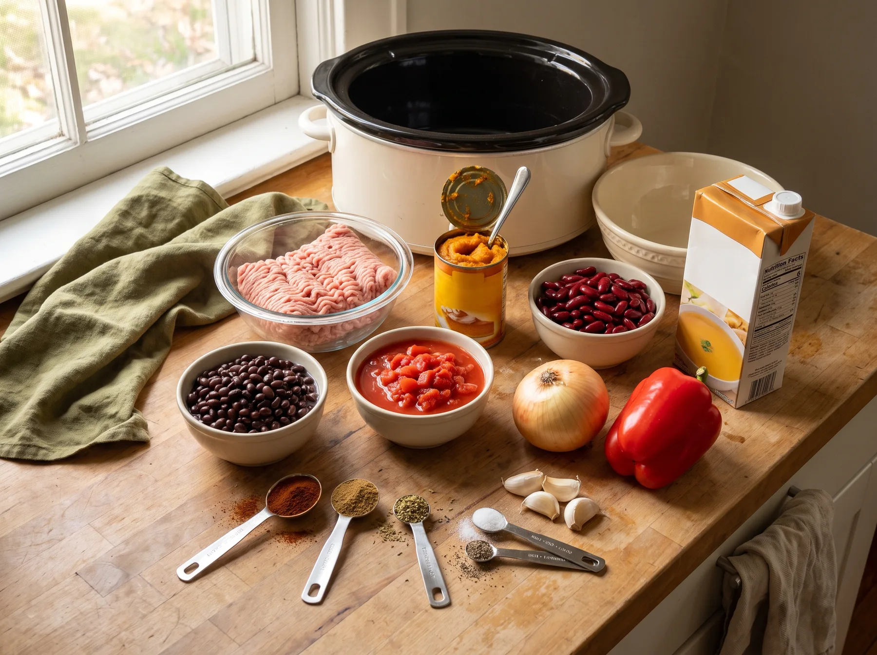 Slow cooker surrounded by turkey, beans, pumpkin puree, vegetables, and spices on a wooden table.