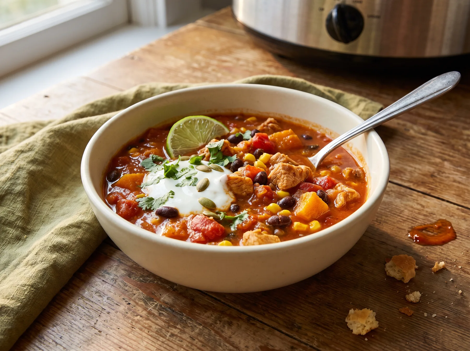 Bowl of turkey pumpkin chili topped with sour cream, herbs, and lime beside a slow cooker.