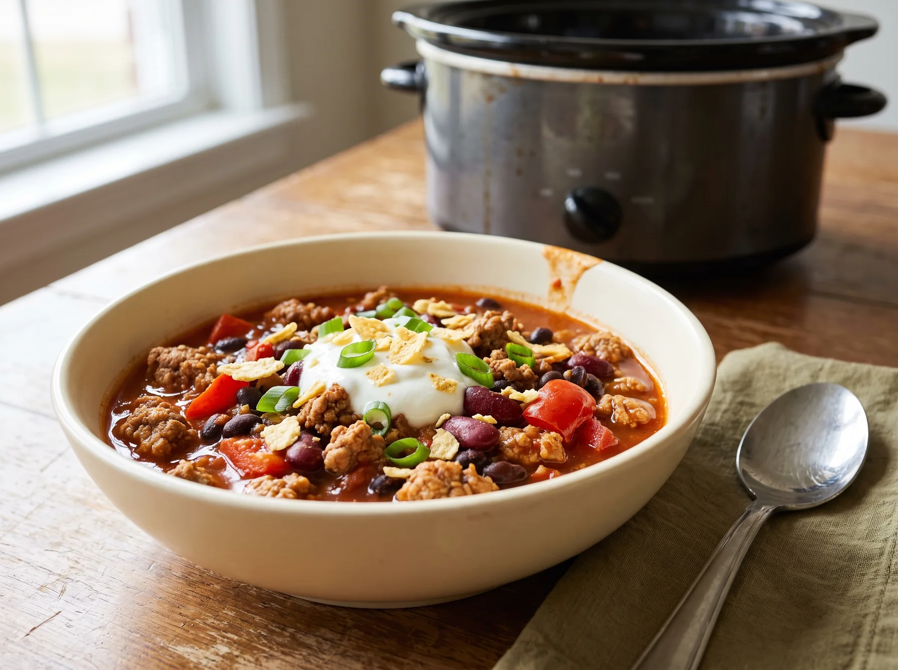 Bowl of turkey pumpkin chili with beans, yogurt, green onions, and tortilla crumbs beside a slow cooker.