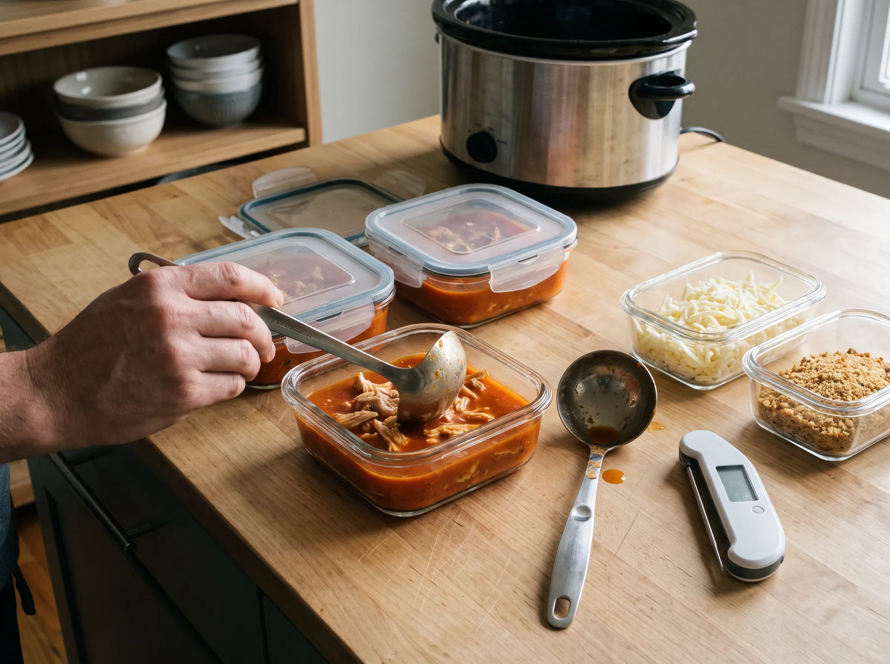 Hand ladles chicken tomato soup into glass containers beside shredded cheese and breadcrumb toppings.