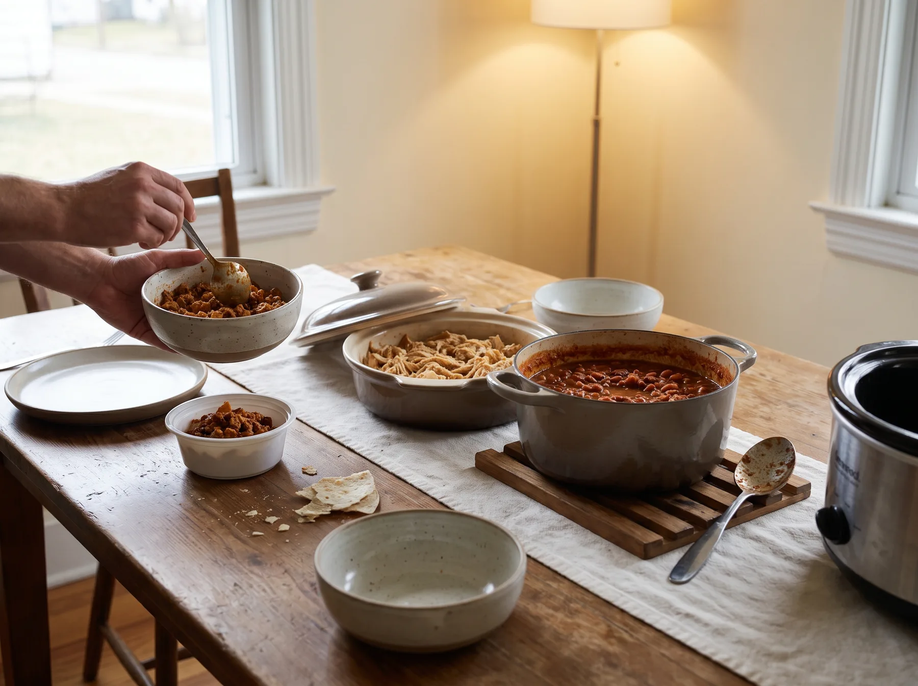 Hands spoon taco filling into a bowl beside chili, shredded chicken, and a slow cooker on a table.