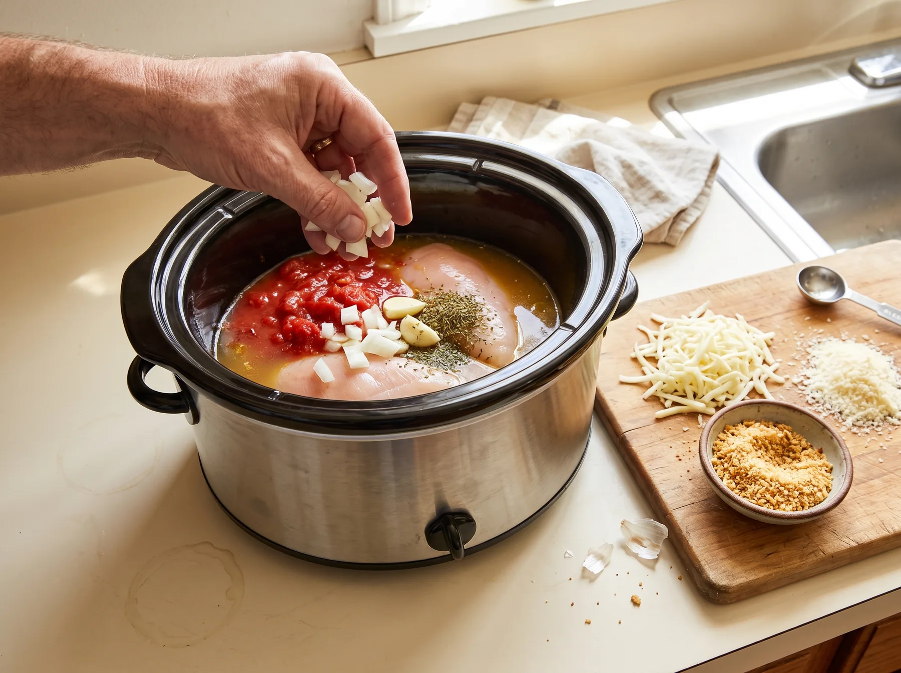 Hand adds cheese to chicken and tomato soup ingredients in a slow cooker beside a cutting board.
