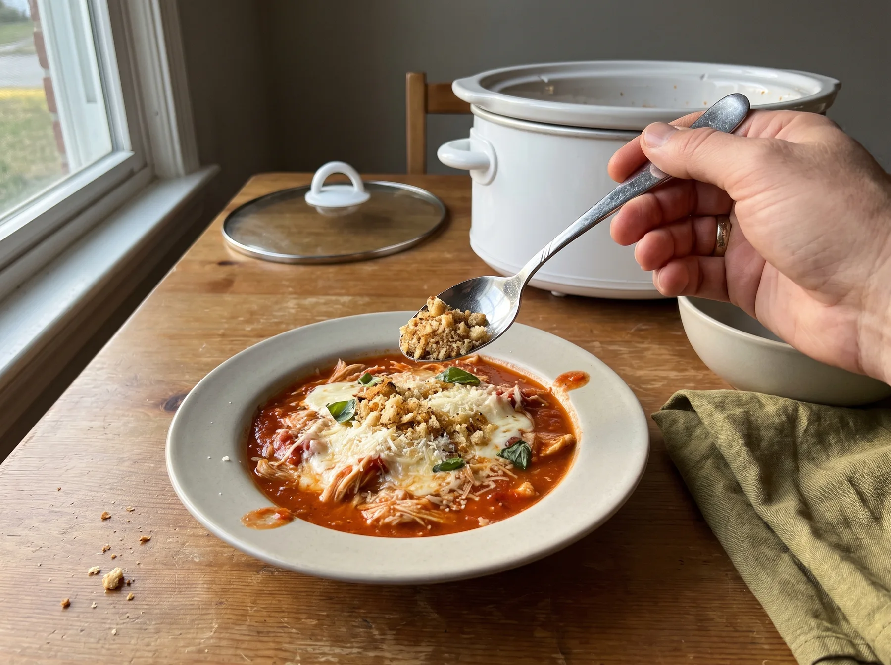 Hand holds a spoonful of toasted crumbs over chicken Parmesan soup with melted cheese in a bowl.