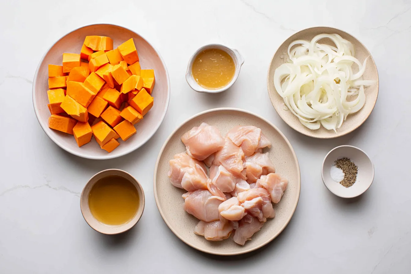 Bowls of cubed sweet potatoes, raw chicken, sliced onion, sauces, and black pepper arranged overhead.
