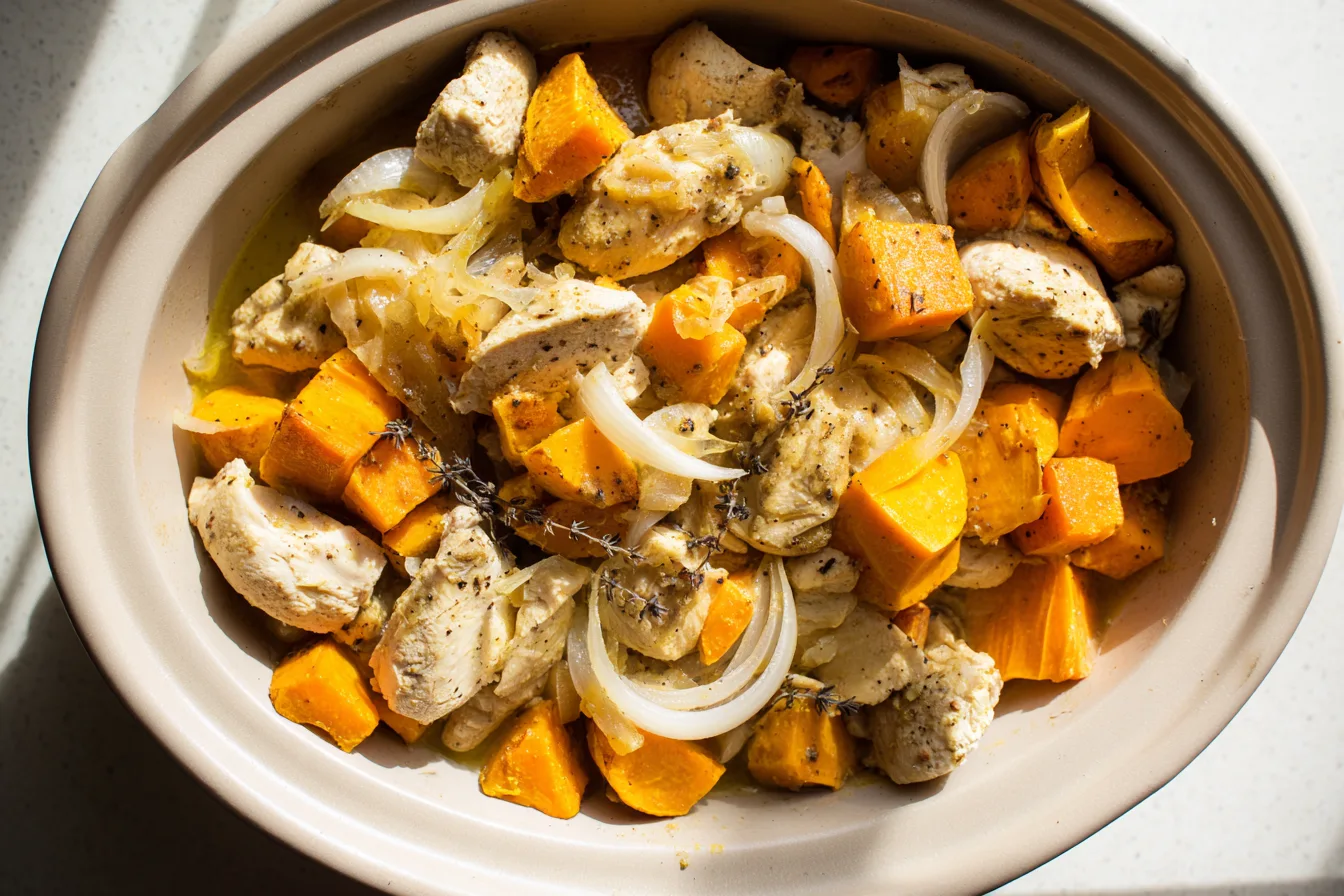 Bowl of cooked chicken, sweet potatoes, and sliced onions topped with herbs.