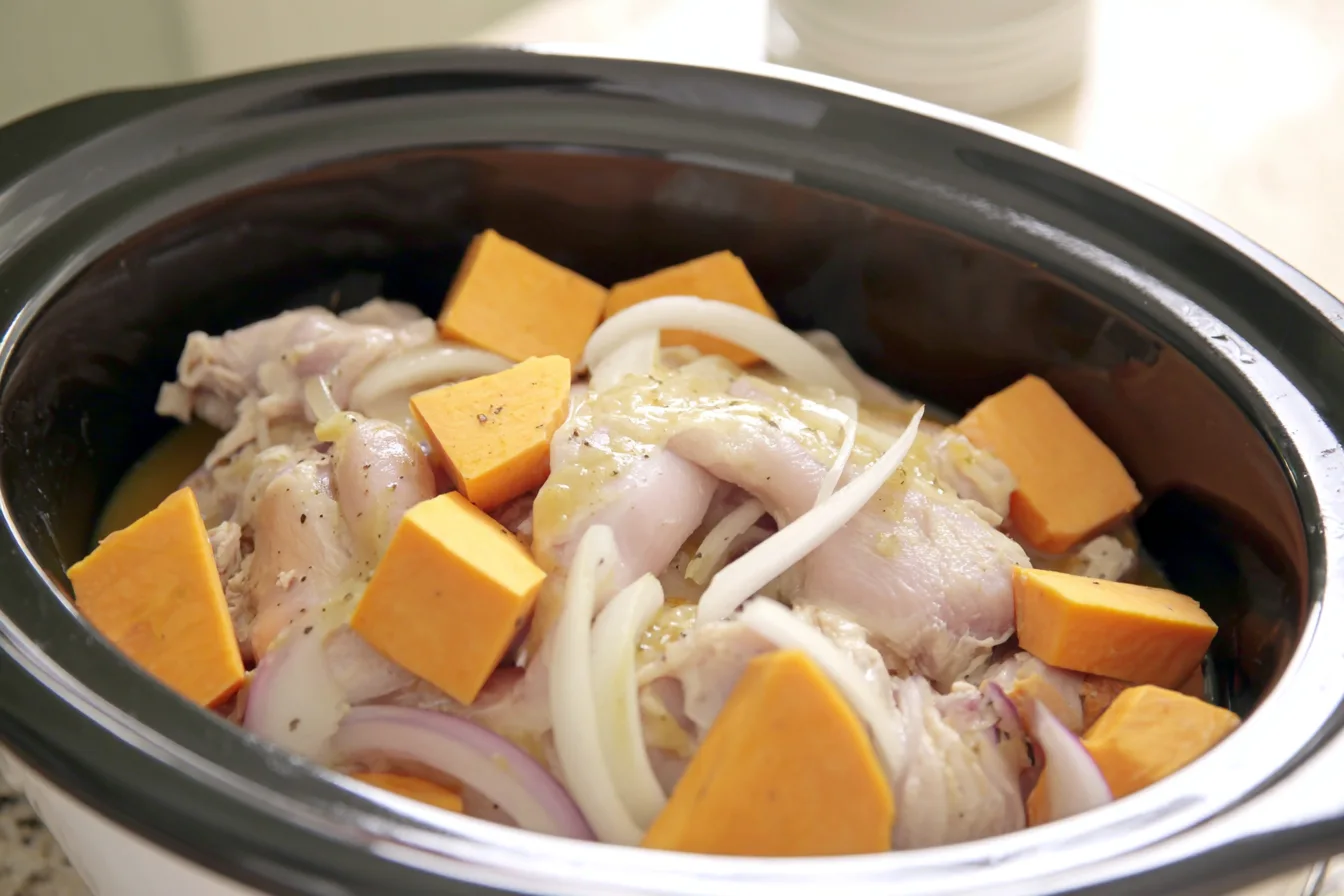 Raw chicken, sweet potato chunks, and sliced onions arranged in an open slow cooker.