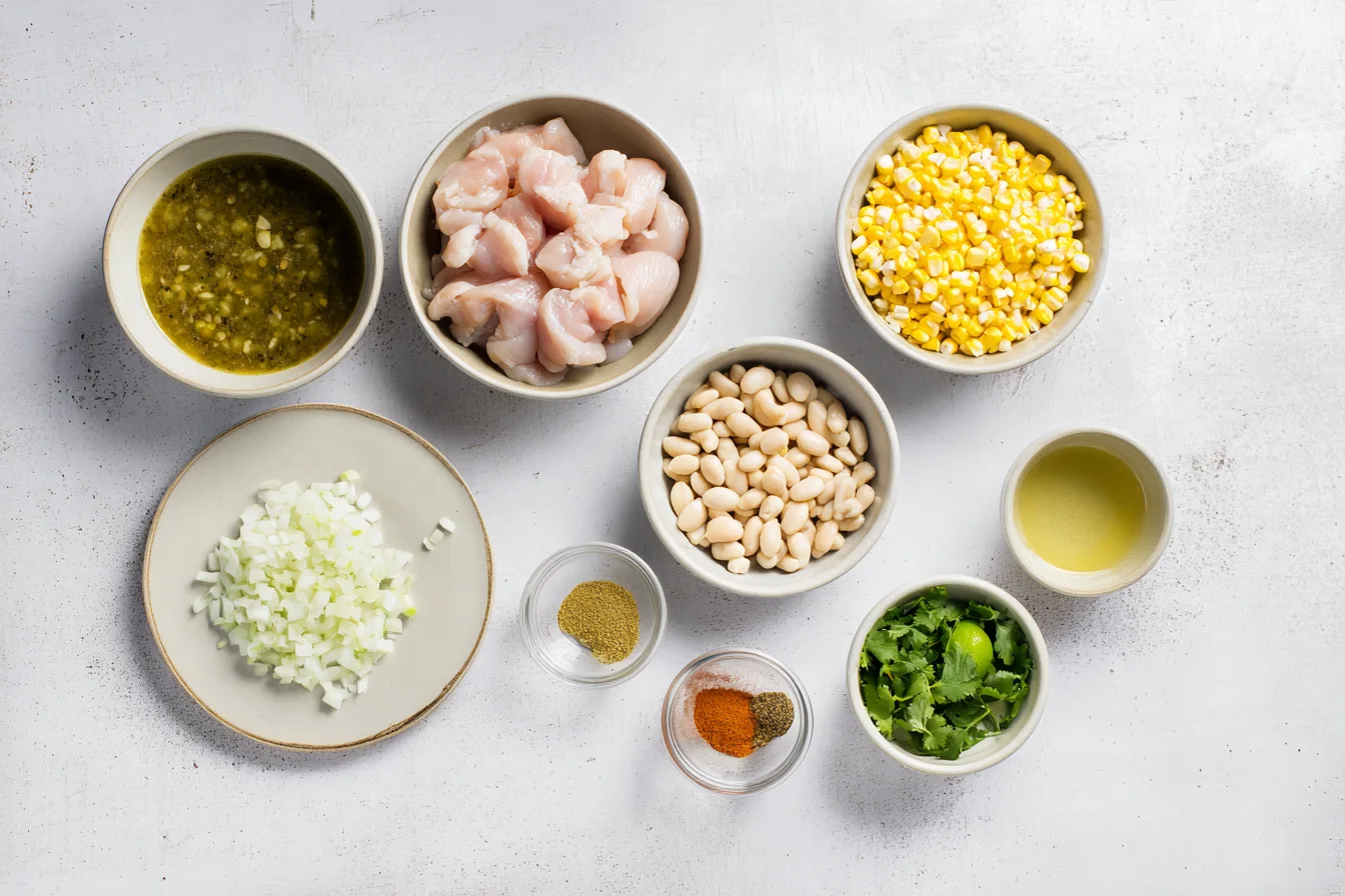Bowls of chicken, salsa verde, white beans, corn, onion, spices, cilantro, and broth arranged overhead.