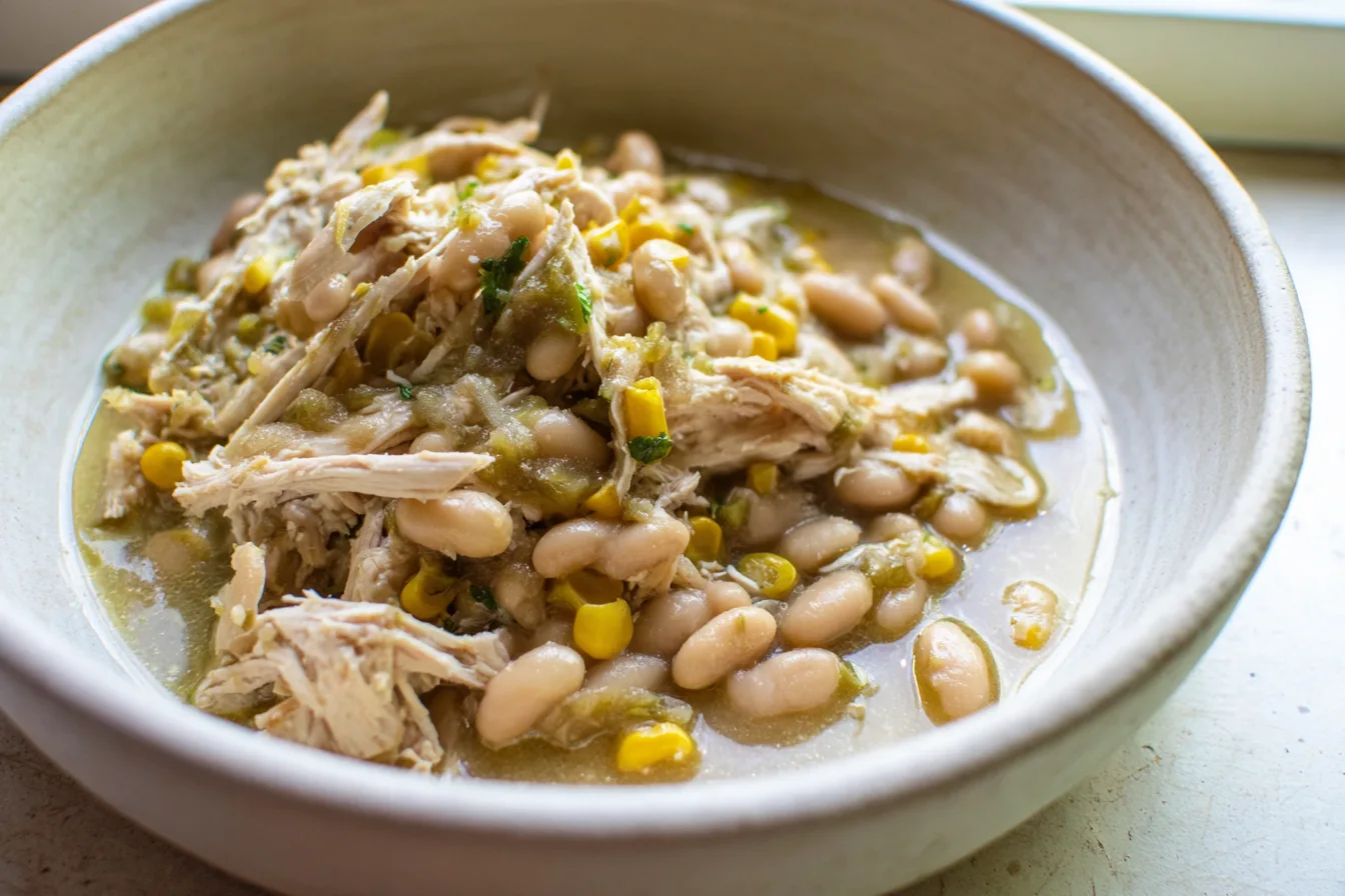 Bowl of shredded chicken with white beans, corn, and green salsa sauce.
