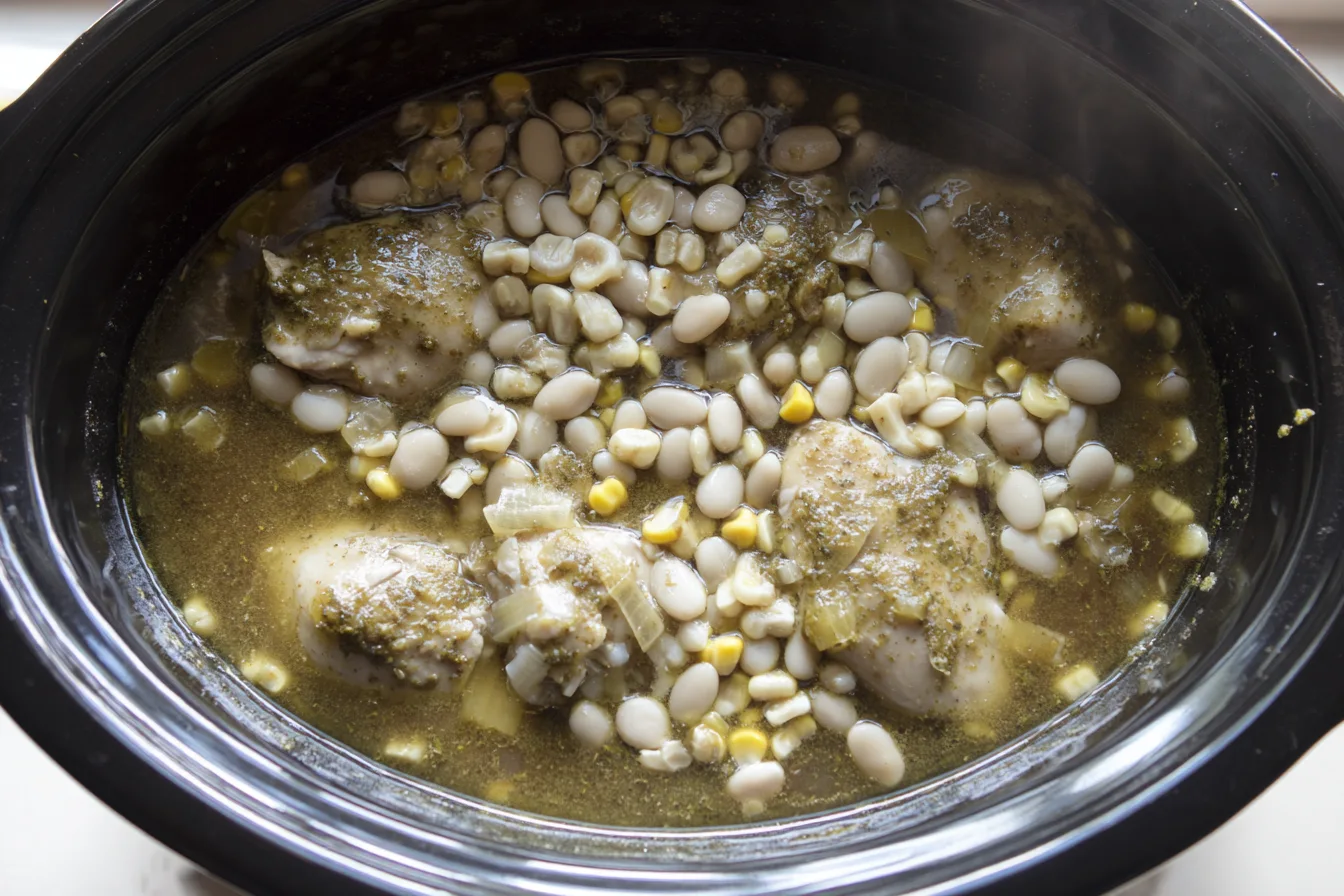 Open slow cooker with chicken pieces, white beans, corn, and green salsa broth.