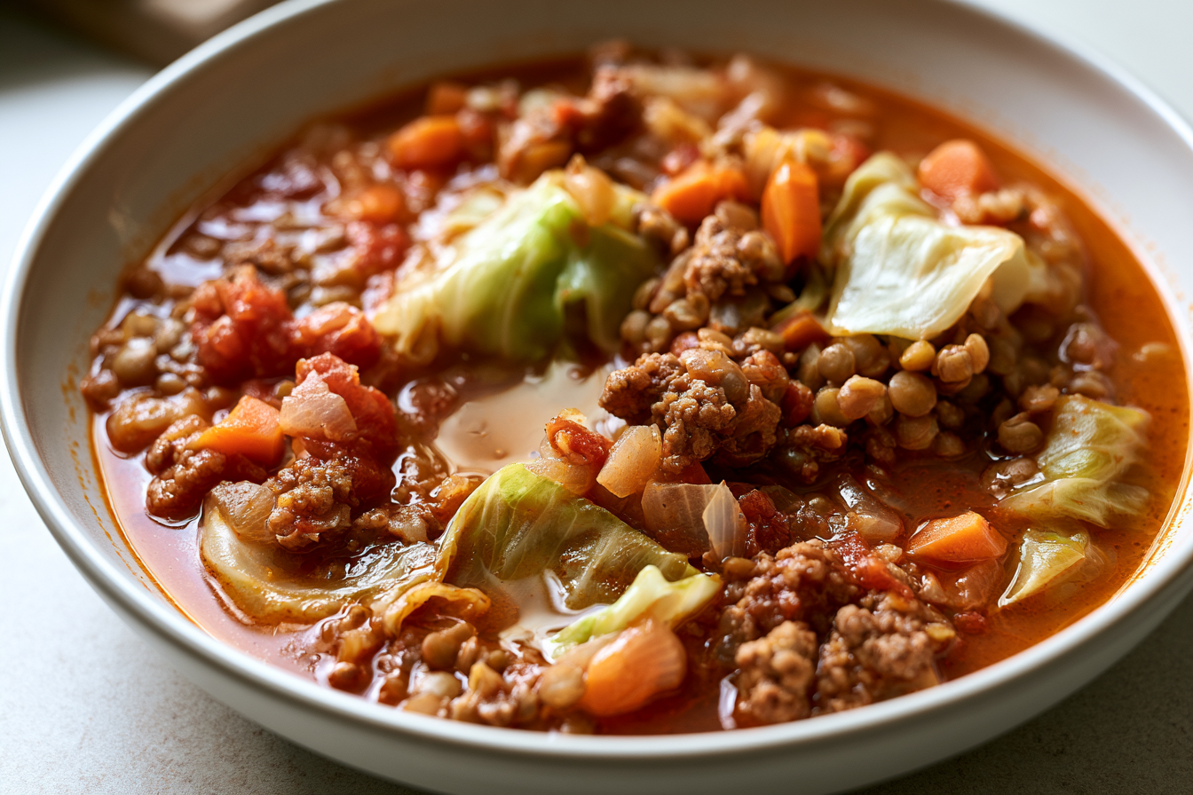 Slow Cooker Cabbage Roll Soup With Beef and Lentils recipe card image