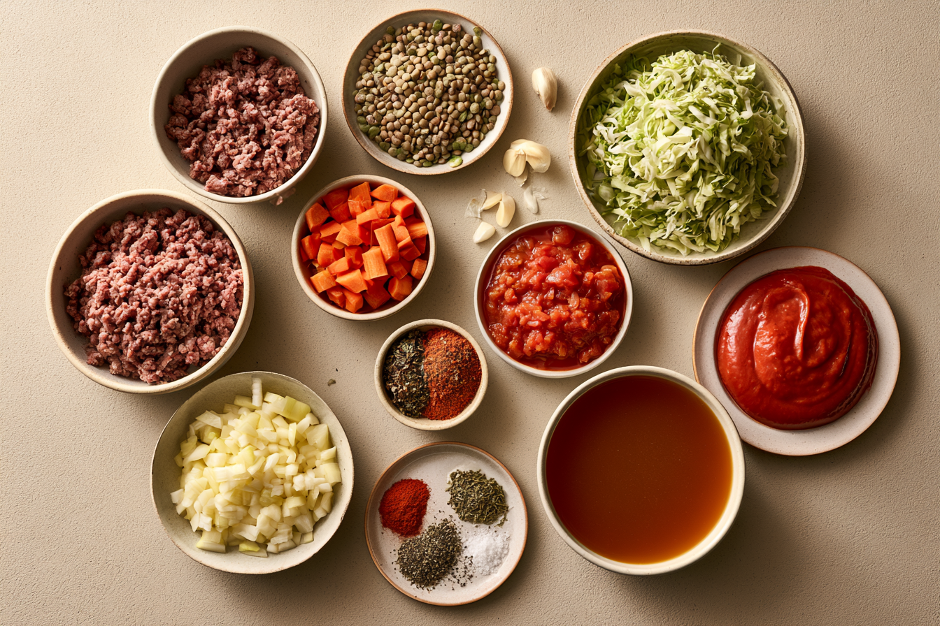 Ingredients measured and arranged for Slow Cooker Cabbage Roll Soup With Beef and Lentils.