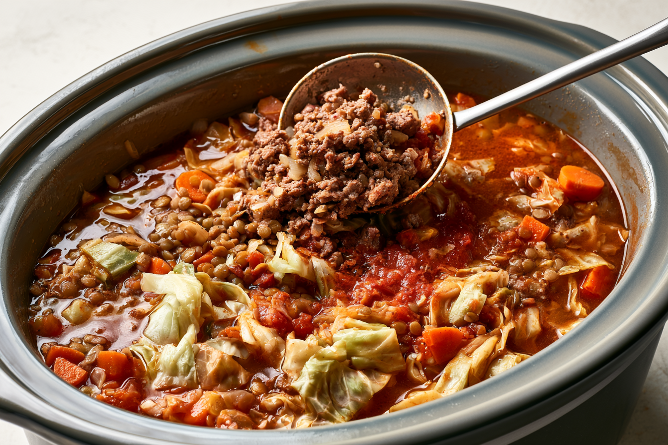 Open slow cooker showing a cooking stage of Slow Cooker Cabbage Roll Soup With Beef and Lentils.