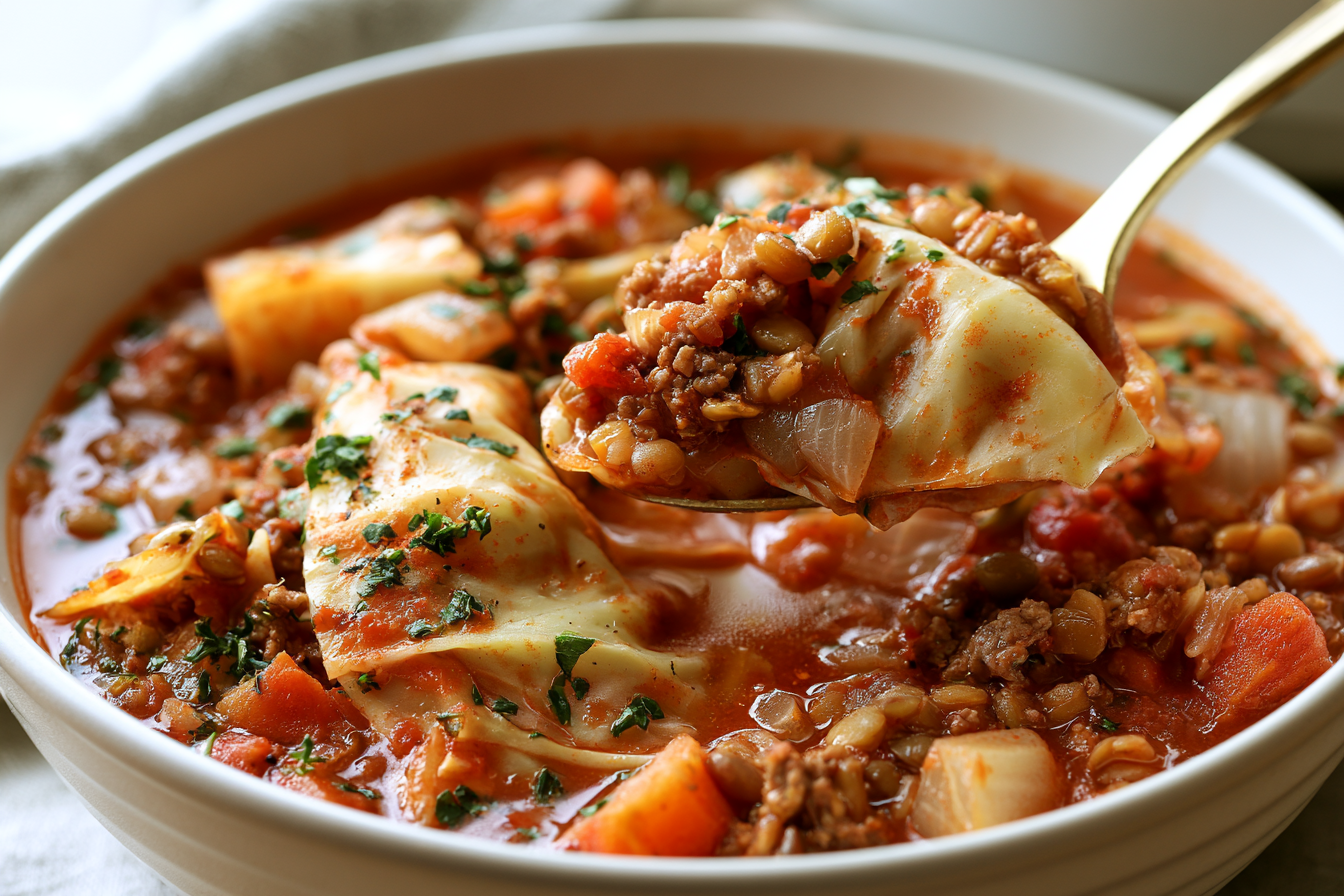 Close serving view showing the finished texture of Slow Cooker Cabbage Roll Soup With Beef and Lentils.