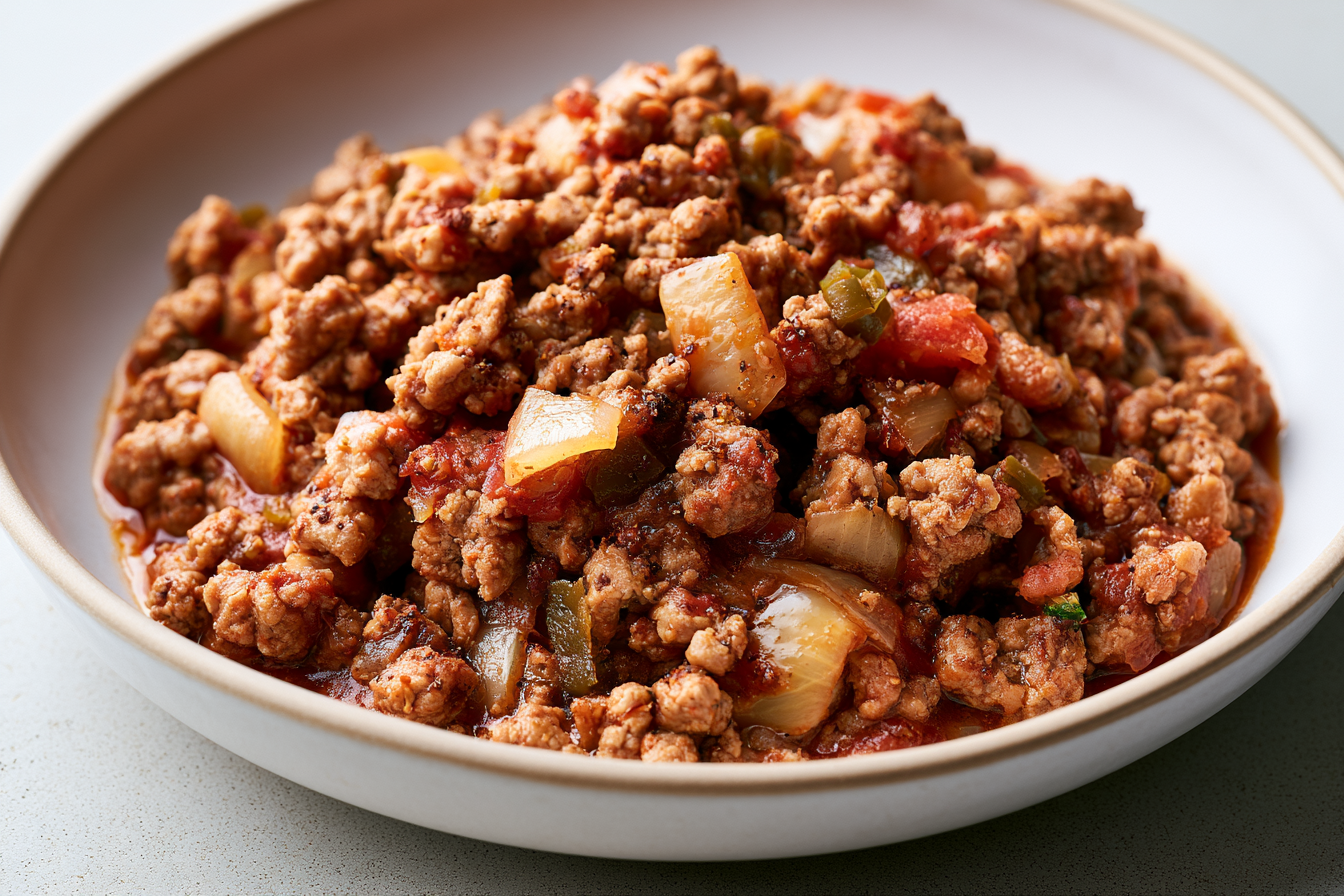 Bowl of slow cooker turkey taco meat with tomato, onion, and green chiles.