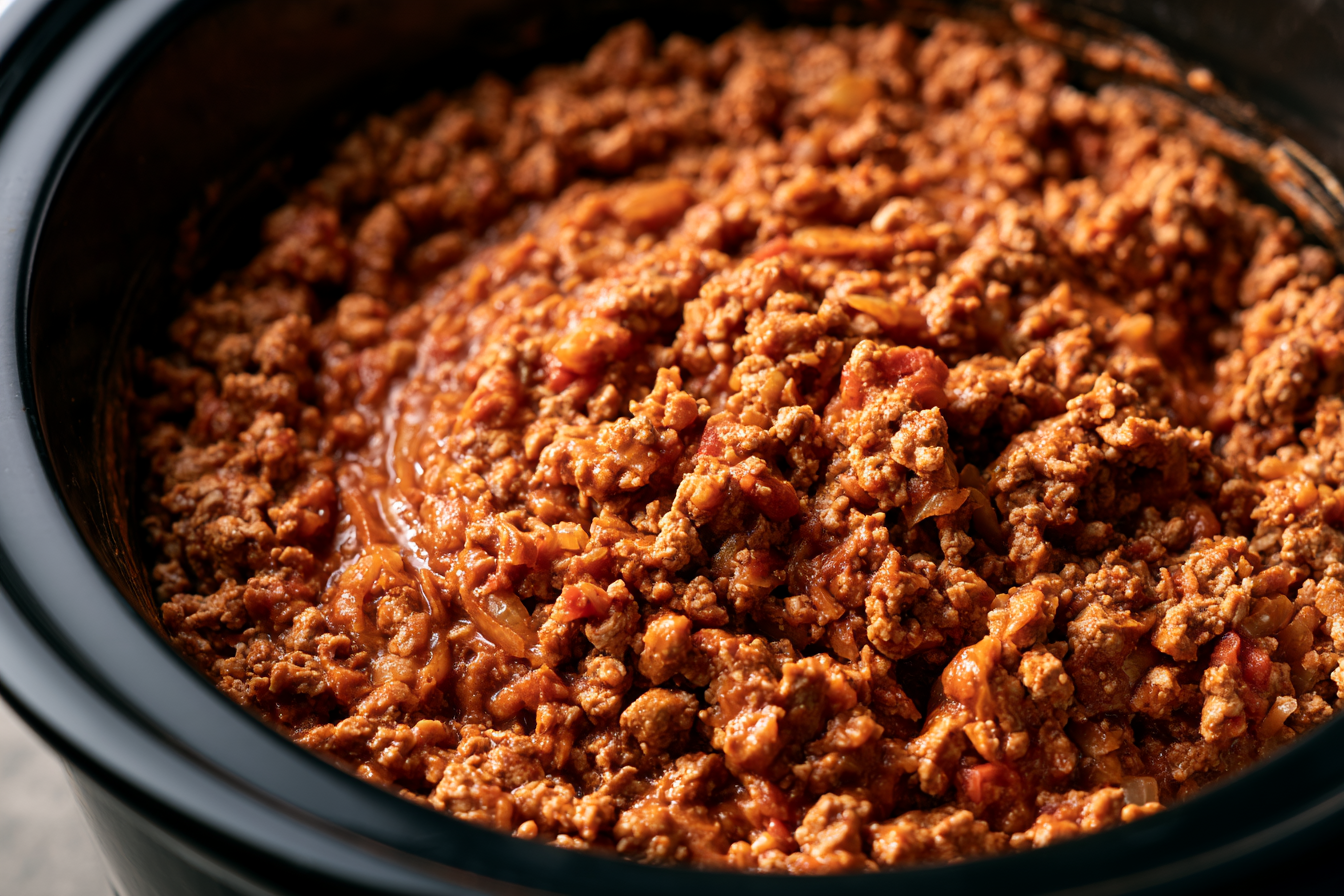 Open slow cooker showing a cooking stage of Slow Cooker Turkey Taco Meat.