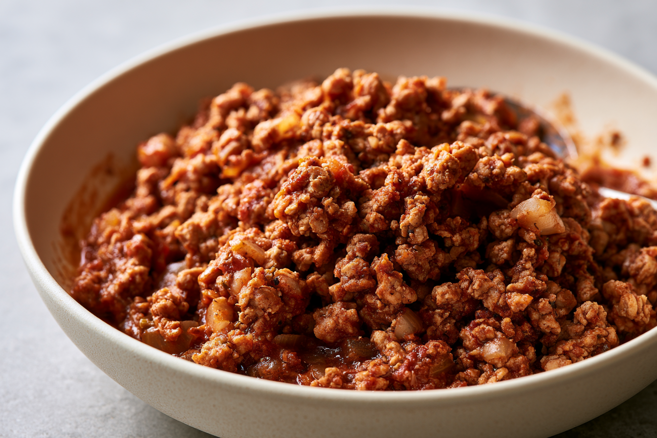 Close-up bowl of slow cooker turkey taco meat with tomato, onion, and green chiles.