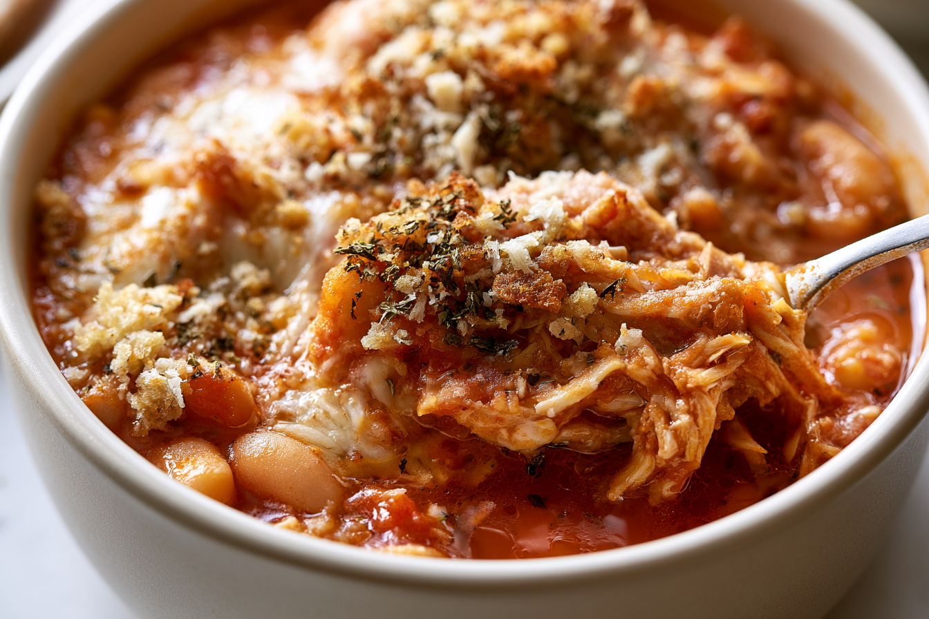 Close-up serving of Slow Cooker Chicken Parmesan Soup.
