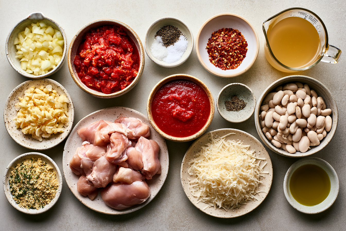 Ingredients measured and arranged for Slow Cooker Chicken Parmesan Soup.