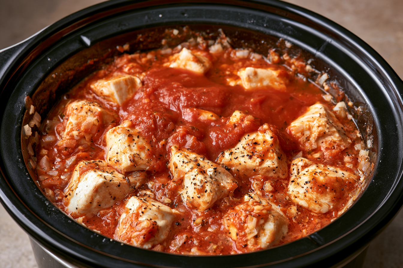 Open slow cooker showing a cooking stage of Slow Cooker Chicken Parmesan Soup.